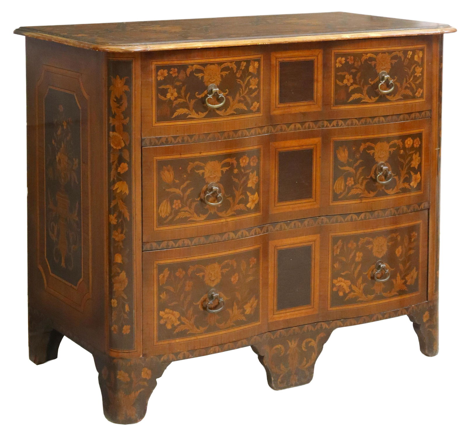 J.N. SLACK & CO. DUTCH STYLE MARQUETRY COMMODE: Exceptional marquetry commode en arbalete, J.N. Slack and Company, New York, in the Dutch style, top with medallion parquetry, encasing foliated urn and bird marquetry, fitted with three drawers, risi
