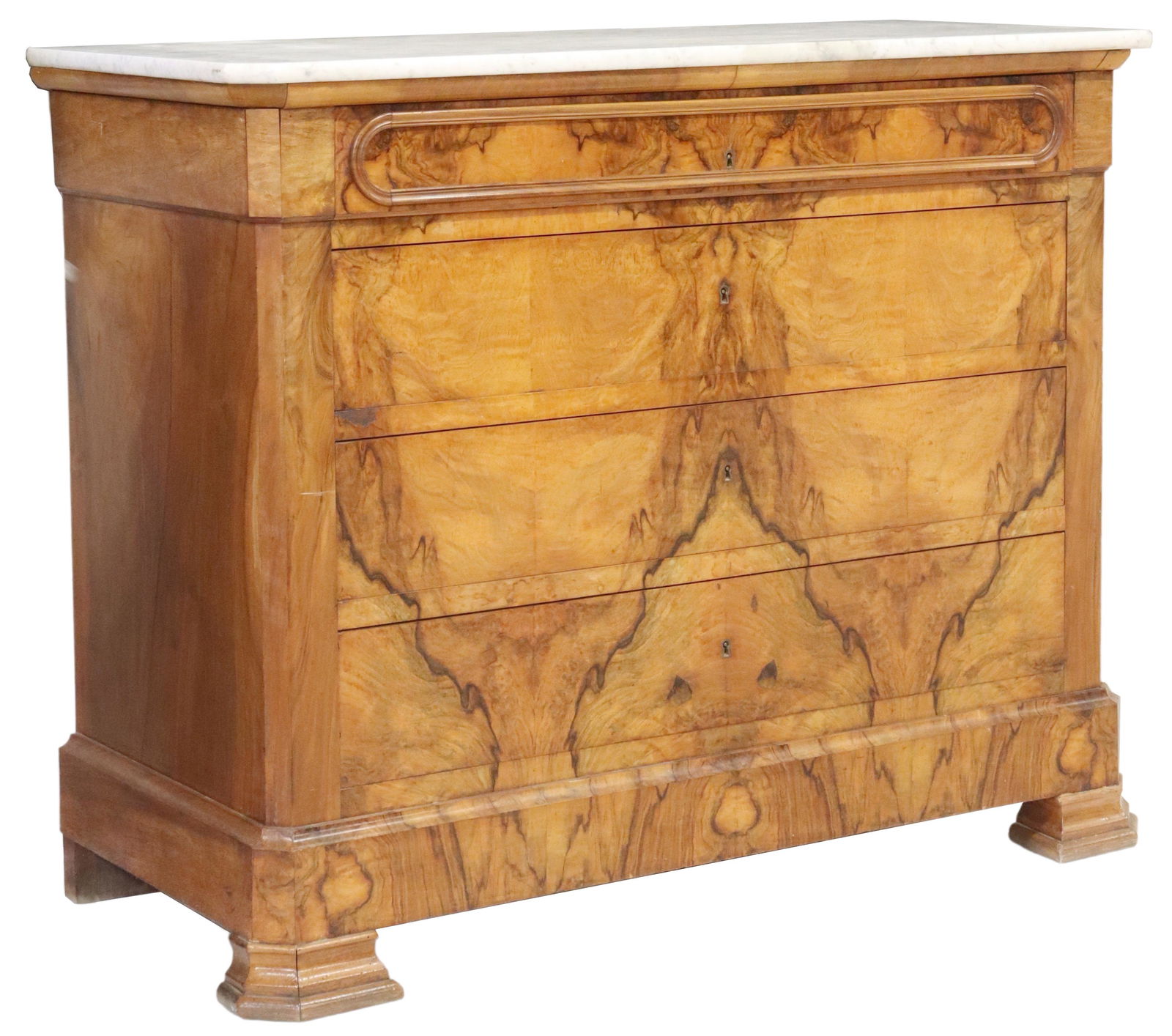 FRENCH LOUIS PHILIPPE MARBLE-TOP BURLWOOD COMMODE: French Louis Philippe period burlwood commode, mid 19th c., having shaped marble top, over four drawers, rising on stepped bracket feet, separation at side panels, split to interior back panel at top