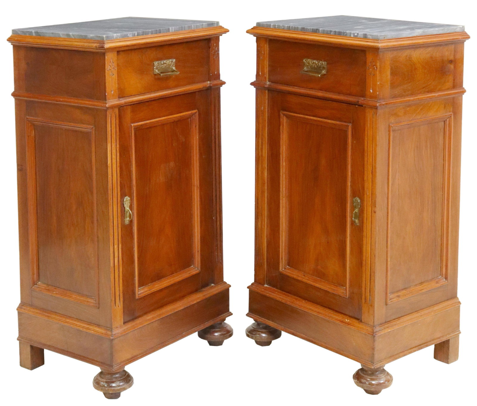 (2) ITALIAN MARBLE-TOP WALNUT BEDSIDE CABINETS: (pair) Italian walnut bedside cabinets, late 19th c., having rectangular marble top, over single drawer, paneled cabinet door, opening to shelved interior, rising on bun feet, approx 35.5"h, 18"w, 13"