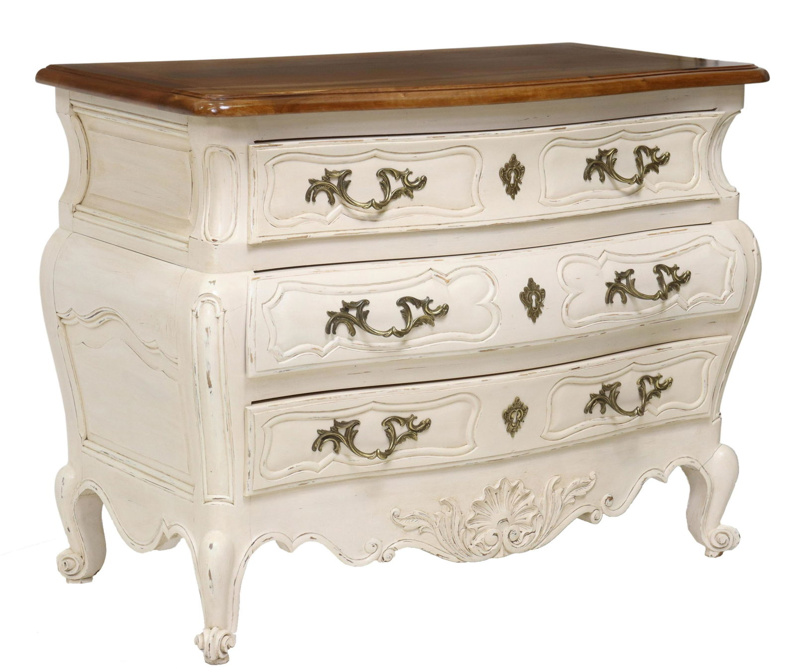 LOUIS XV STYLE PAINTED WALNUT BOMBE COMMODE: French Louis XV style painted walnut bombe commode, 20th c., having paneled case with three drawers, over shell and foliate carved apron, rising on cabriole legs, ending in whorl feet, approx 33"h, 41