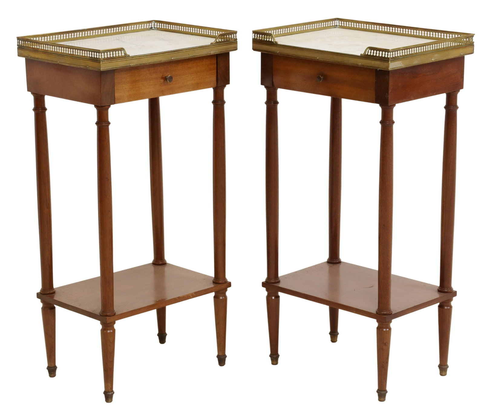 (2) FRENCH LOUIS XVI STYLE MARBLE-TOP NIGHTSTANDS: (pair) French Louis XVI style mahogany nightstands, 20th c., pierced metal three-quarter gallery, enclosing the marble top, over single drawer, medial shelf, rising on tapered legs, approx 27.75"h, 14