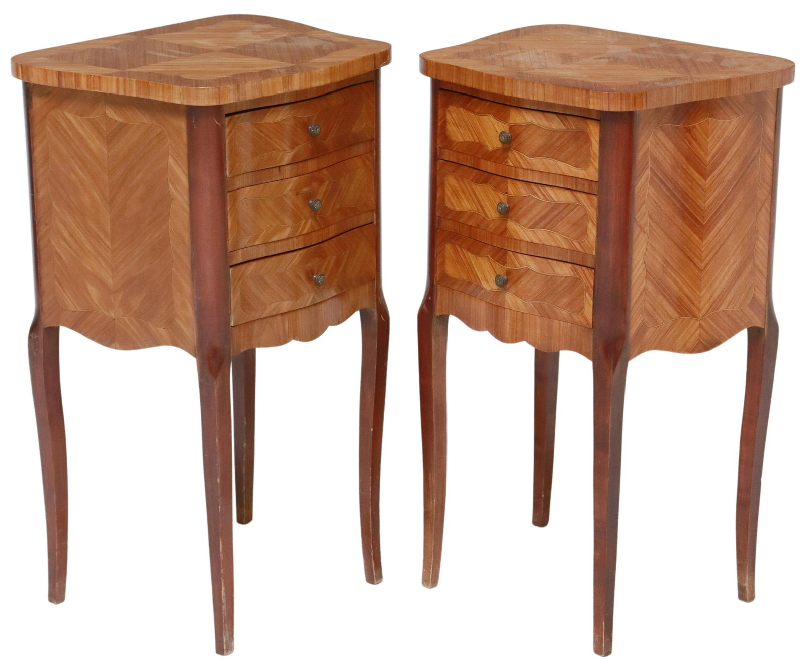 (2) FRENCH LOUIS XV STYLE NIGHTSTANDS: (pair) French Louis XV style nightstands, 20th c., fitted with three drawers, rising on cabriole legs, (one) with small area of veneer loss to front left edge, approx 26.5"h, 15.5"w, 12.75"d Start Pri
