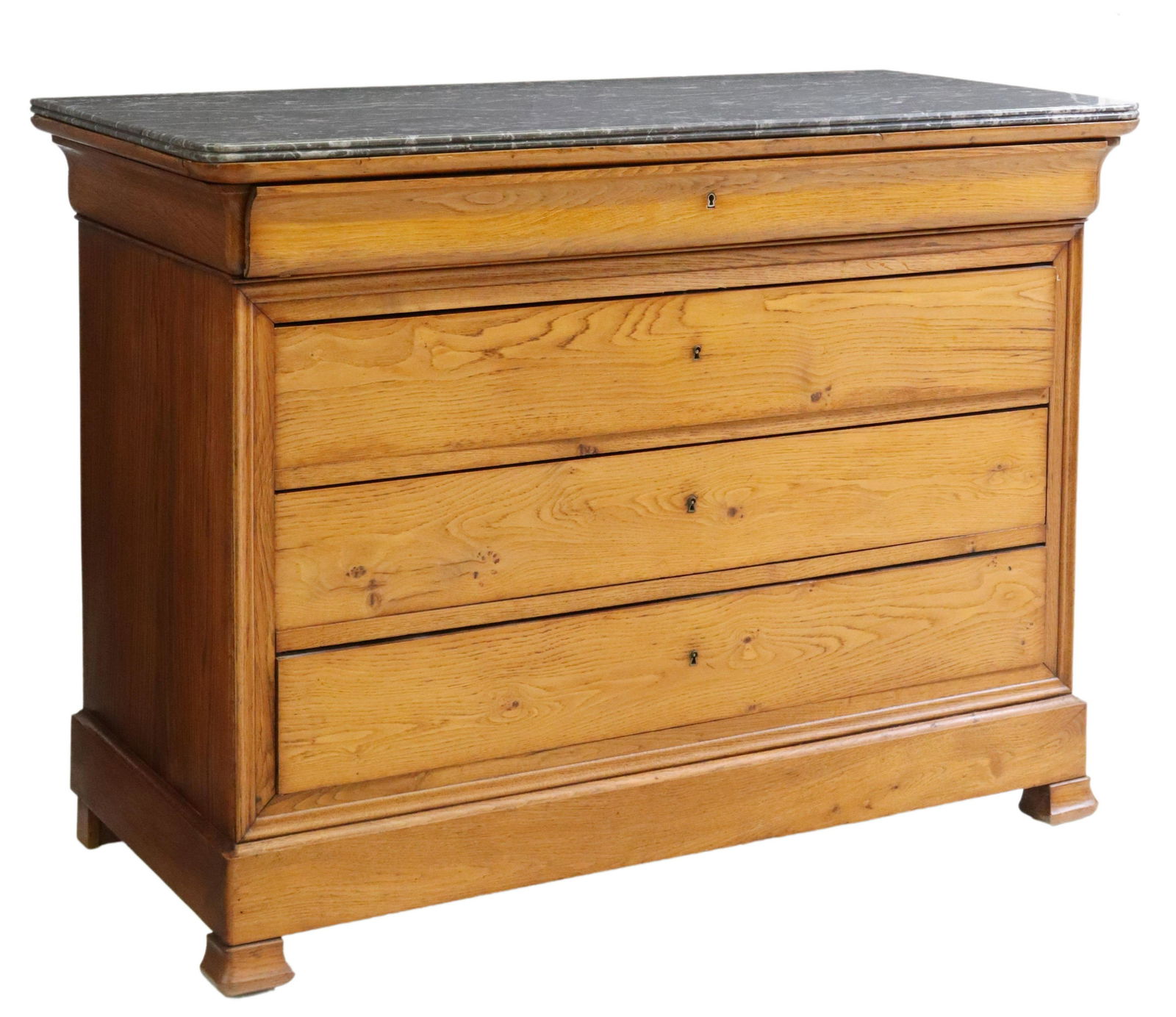 FRENCH LOUIS PHILIPPE PERIOD MARBLE-TOP COMMODE: French Louis Philippe period commode, mid 19th c., having marble top, frieze drawer, over three additional drawers, rising on bracket feet, chip to right side of marble top, approx 38"h, 51"w, 23.5"d