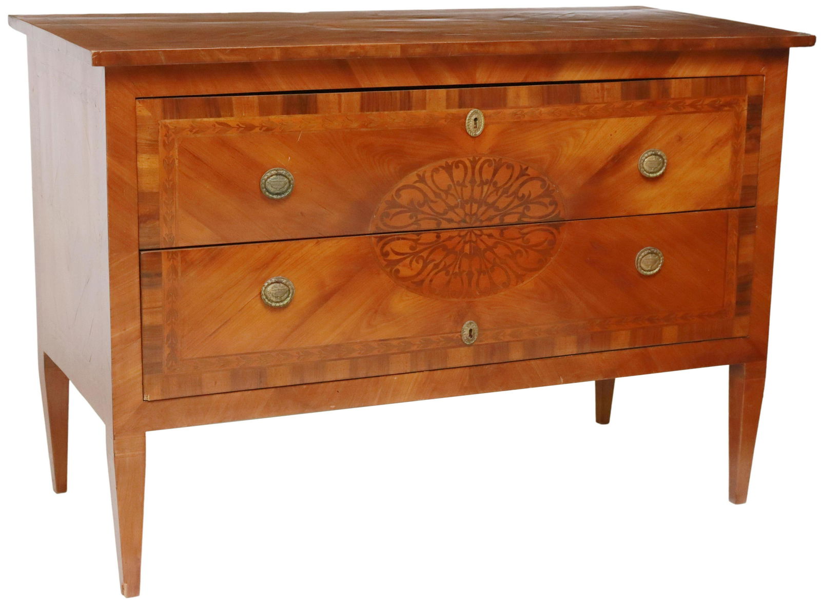 ITALIAN NEOCLASSICAL STYLE MARQUETRY COMMODE: Italian Neoclassical style marquetry and parquetry commode, 20th c., inlaid chariot scene to top, surmounted by floral marquetry and geometric parquetry, case fitted with two drawers, rising on tapere