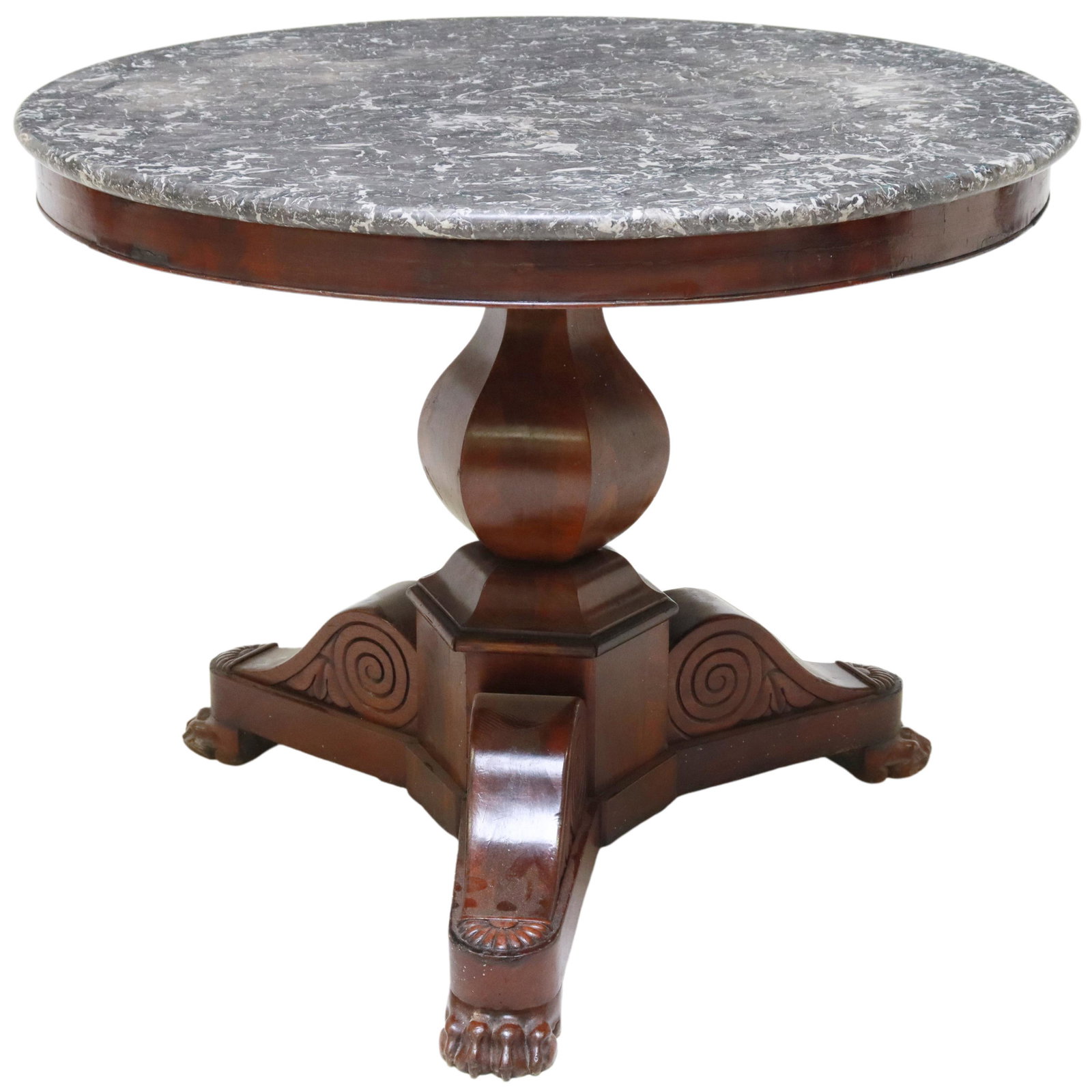 FRENCH EMPIRE MARBLE-TOP MAHOGANY GUERIDON: French Empire mahogany pedestal table, 19th c., having circular marble top, over vasiform center pedestal, on three scrolled supports, ending in paw feet, approx 28"h, 35"diam Start Price: $300.00