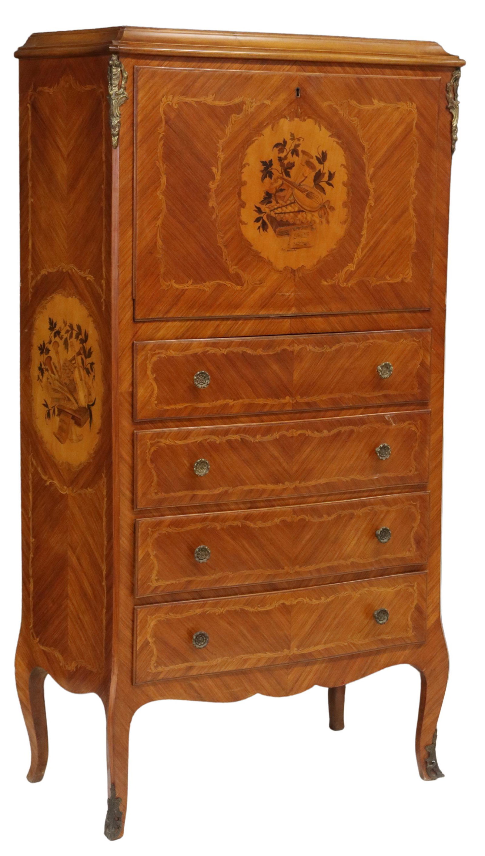 FRENCH LOUIS XV STYLE FALL FRONT BAR CABINET: French Louis XV style bar cabinet, late 20th c., tall case in matched veneers, fall front with marquetry musical instruments, interior half shelf, over four exterior drawers, rising on transitional ca