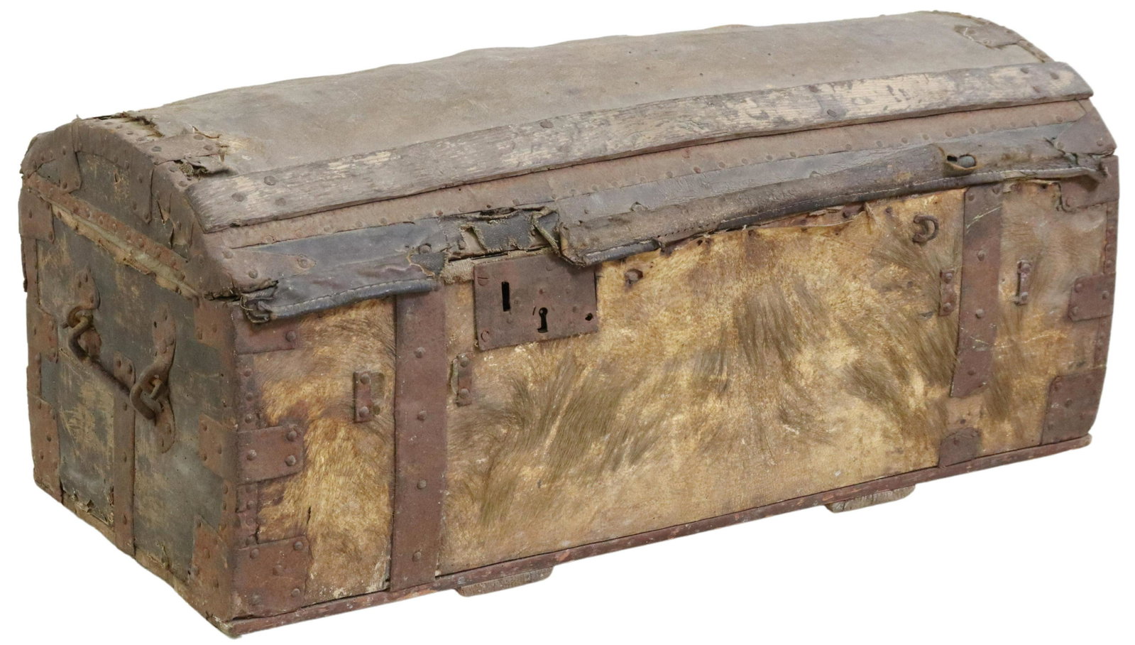 FRENCH LA FOREST WOOD & HIDE STORAGE TRUNK 18TH C.: French travel trunk/ storage chest, La Forest, 18th c., wood frame, with patinated metal mounts, animal hide binding to top and front, dual rolled handles at sides, hinged top, open interior, retainin