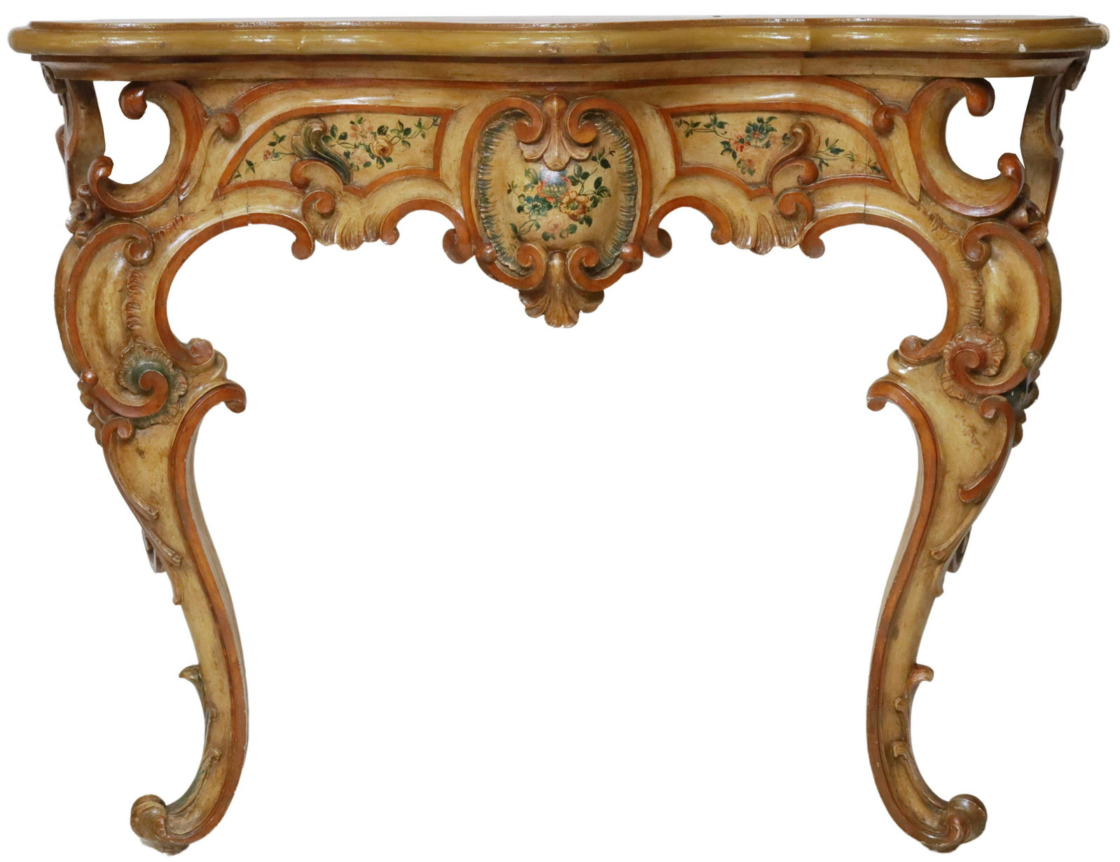 VENETIAN LOUIS XV STYLE PAINTED WALL CONSOLE TABLE: Venetian Louis XV style wall-mounted console table, 19th c., paint-decorated frame, having shaped top, over central cartouche apron, rising on foliated cabriole legs, ending on whorl feet, approx 42.2