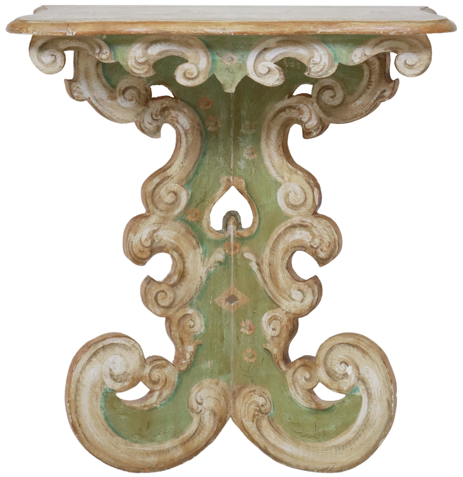 ITALIAN VENETIAN PAINT-DECORATED CONSOLE TABLE: Italian Venetian paint-decorated wall-mounted console table, 20th c., shaped top, ornamented with foliates, rising on double-scrolled base, approx 33.25"h, 29.75"w, 15"d Start Price: $150.00