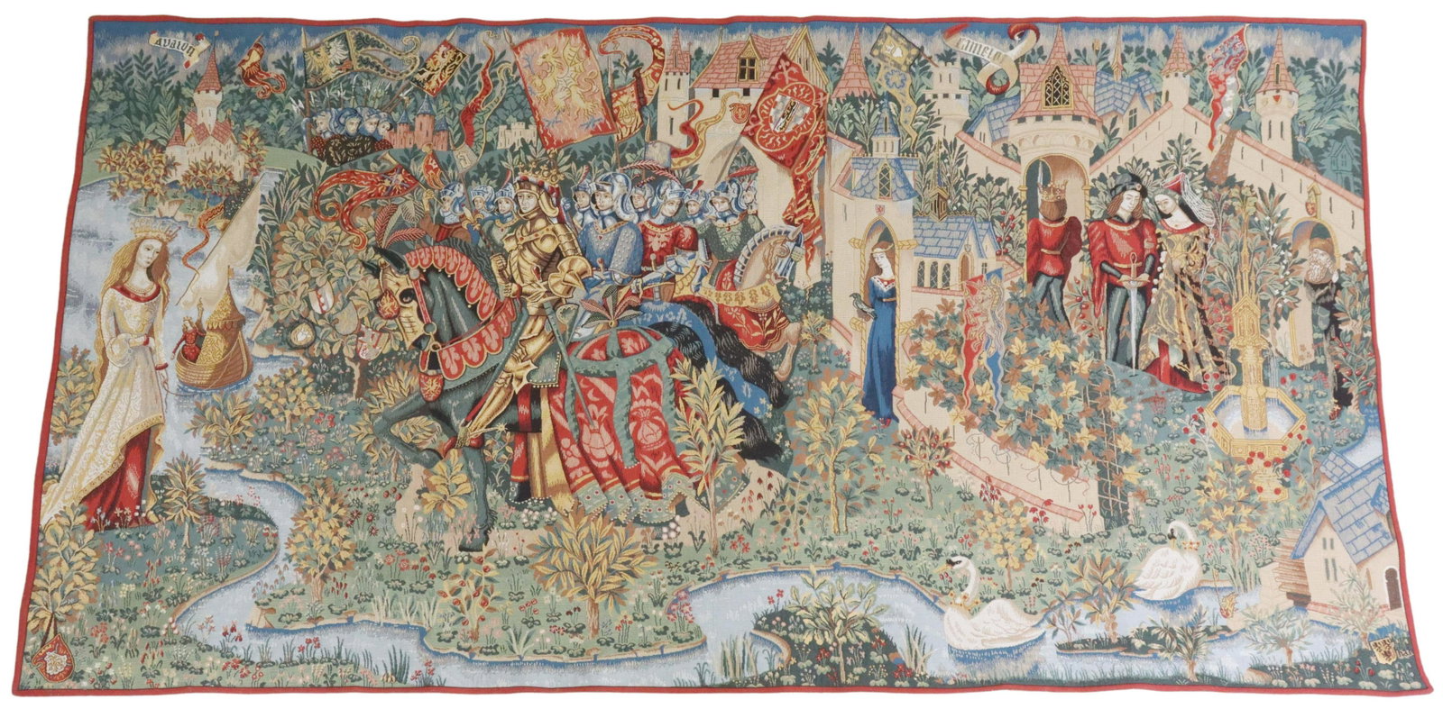 MEDIEVAL STYLE KING ARTHUR TAPESTRY, 70" X 126": Medieval style jacquard tapestry, "La Legende du Roi Arthure," Jules Pansu, late 20th c., depicting scenes from the legend of King Arthur, approx 70"h, 126"w Start Price: $500.00