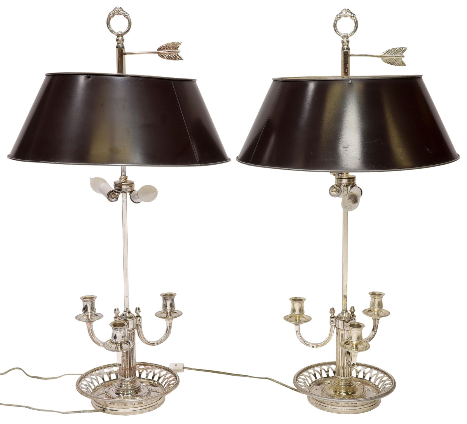 (2) FRENCH SILVERPLATE BOUILLOTTE TABLE LAMPS: (pair) French bouillotte table lamps, 20th c., adjustable-height tole shade, silverplate base with two electric light sockets, above three arms ending in candle nozzles, dish base with pierced rim, ap