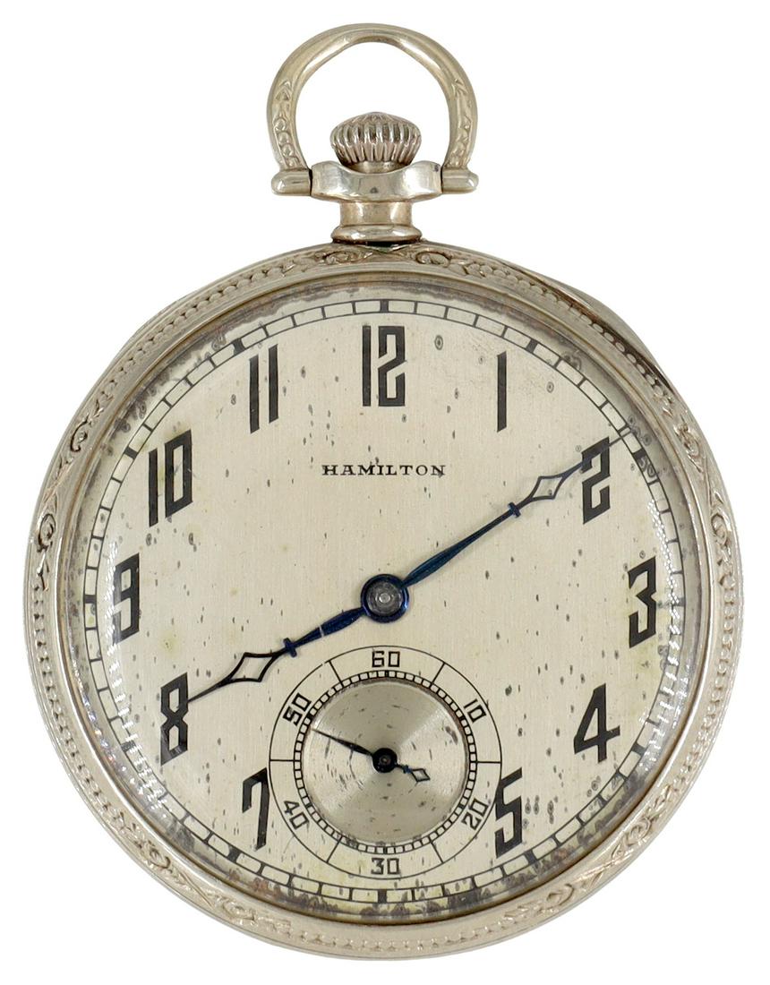 HAMILTON 14KT WHITE GOLD POCKET WATCH, OPERATES: Hamilton 14kt white gold open face pocket watch, Grade 916, mfg. 1937, the face with Arabic numerals and a second hand sub dial, the back engraved HCR, the interior back marked "14K" with the cuvette 