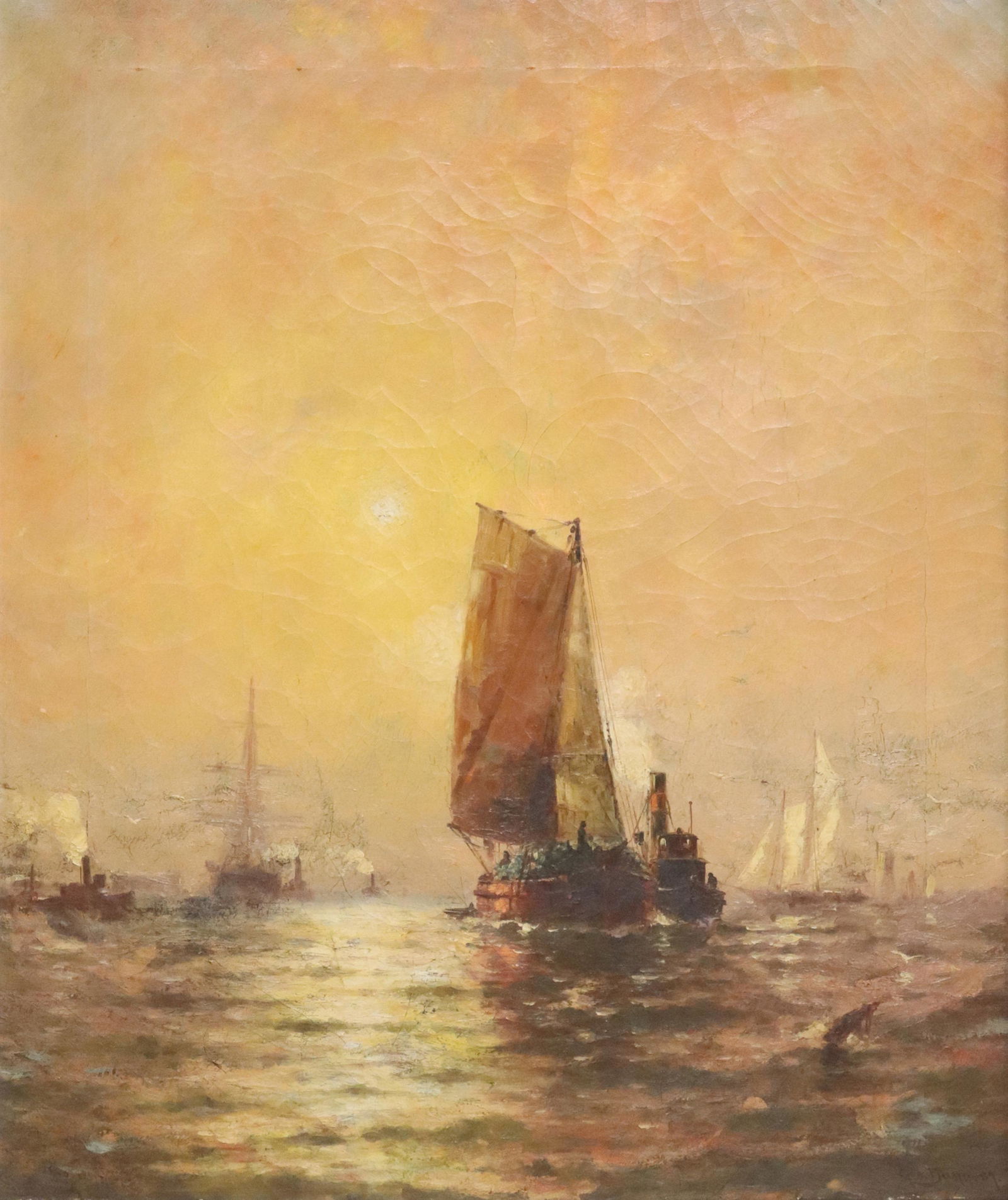 GEORGE BUNN (FL.1885-1898) MARINE OIL PAINTING: Framed oil on canvas painting, Sailboats, signed lower right Geo. Bunn (George Bunn, fl.1885-1898), dated [18]89, craquelure, sight: approx 29.5"h, 24.5"w, overall: 36.25"h, 31.25"w, 11lbs Start Price