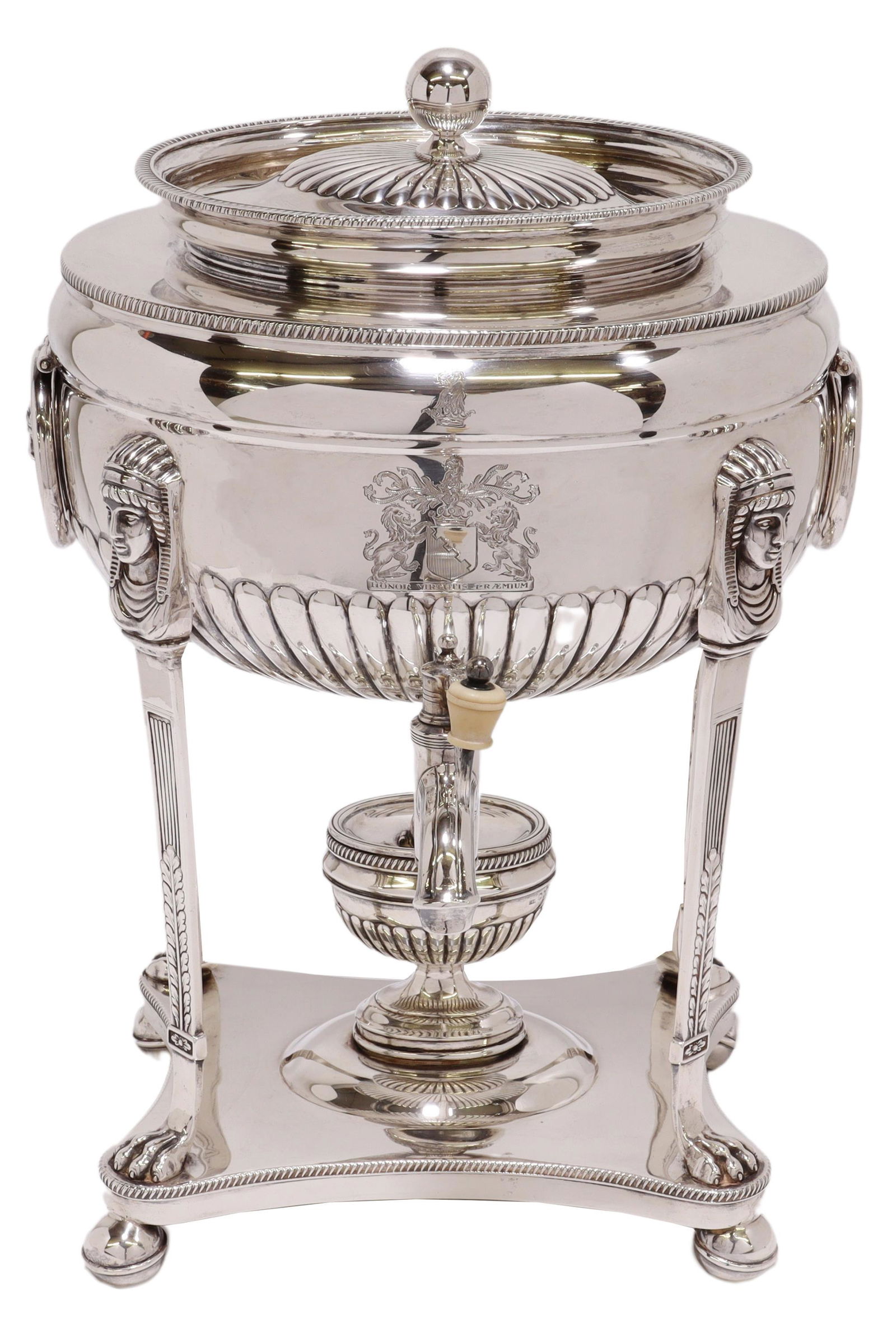 JAMES BARCLAY HENNELL STERLING HOT WATER URN 1878: English Victorian sterling silver hot water urn/ samovar, James Barclay Hennell, c.1878, gadrooned body with engraved Boyle coat of arms, large ring handles encircling Medusa masks, tapered supports w