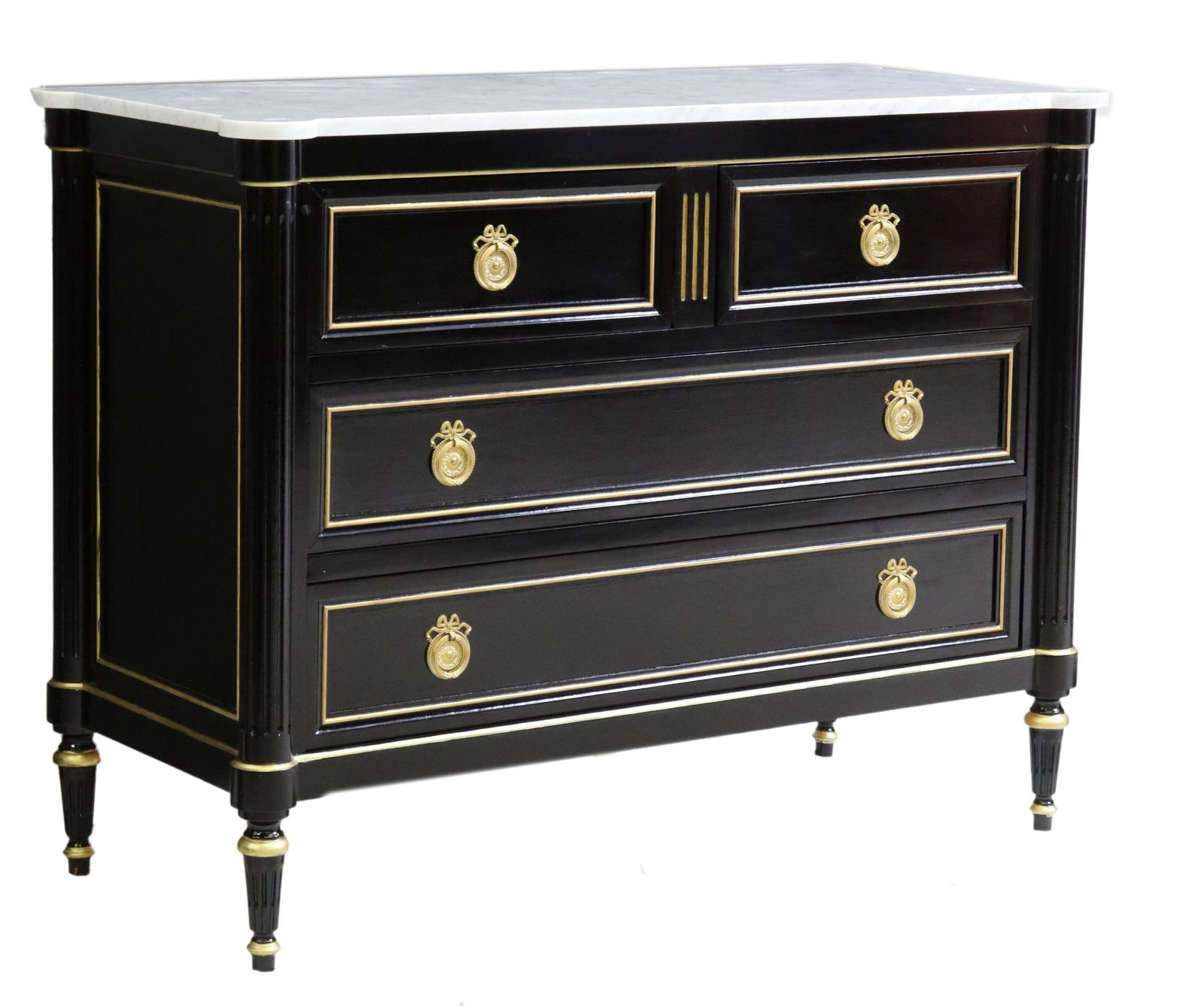 FRENCH LOUIS XVI STYLE MARBLE-TOP COMMODE: French Louis XVI style marble-top commode, 20th c., in a parcel gilt and black painted finish, two half drawers, over two full-length drawers, fluted corner posts, rising on tapered legs, approx 35.5"