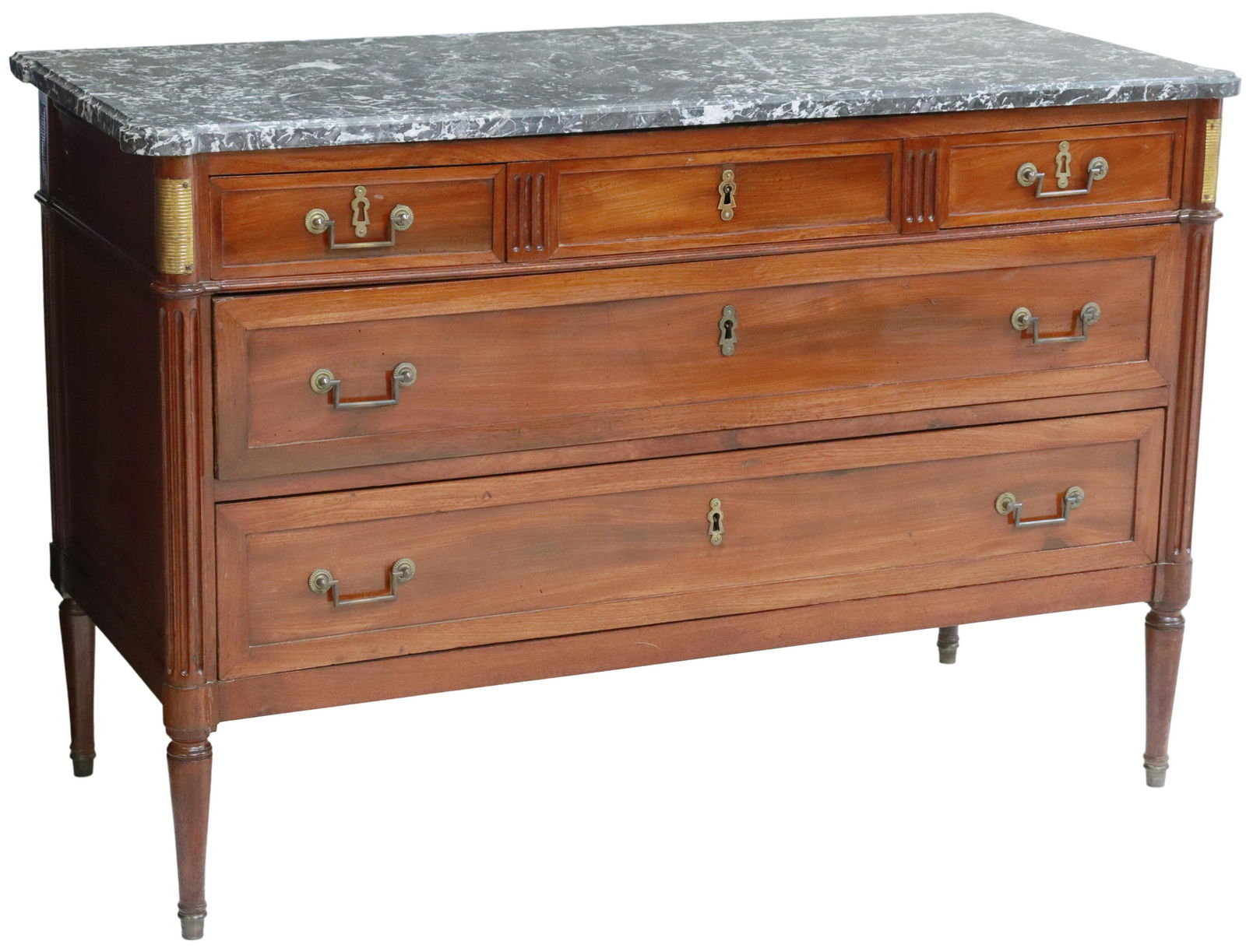 FRENCH LOUIS XVI STYLE MARBLE-TOP MAHOGANY COMMODE: French Louis XVI style mahogany commode, 19th c., having marble top, case fitted with three small drawers, over two full-length drawers, rising on tapered legs, restoration to marble top, approx 34"h,