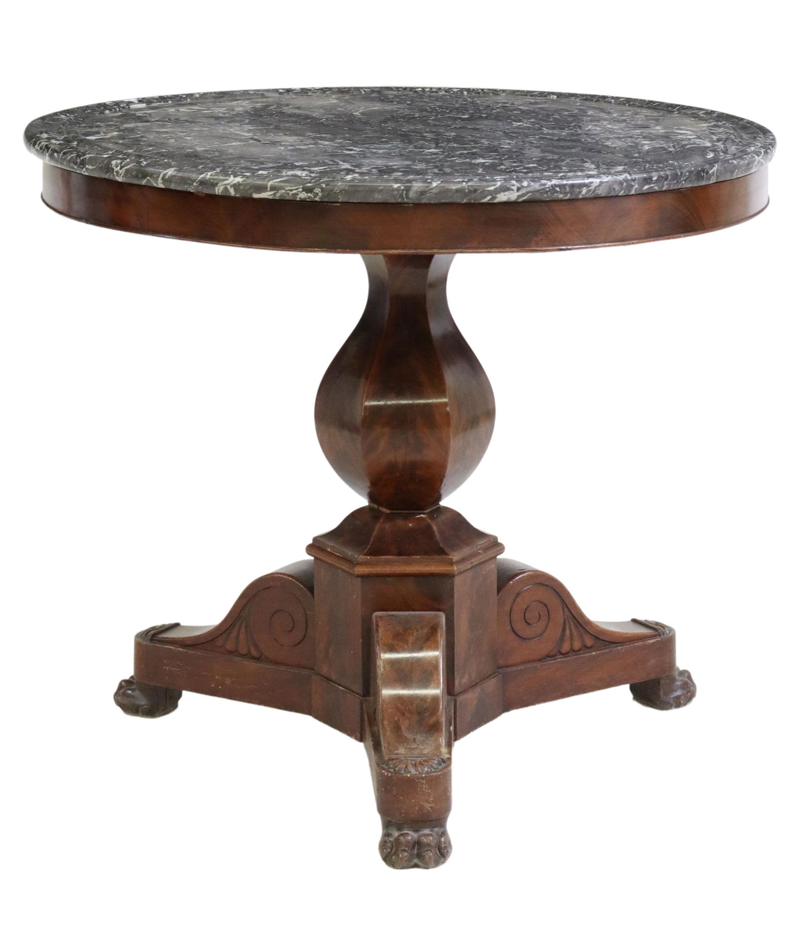 FRENCH EMPIRE MARBLE-TOP MAHOGANY GUERIDON: French Empire mahogany pedestal table, 19th c., dished marble top, over conforming apron, paneled baluster stem on tripartite volute base, ending in carved paw feet, approx 27.5"h, 32"diam Start Price