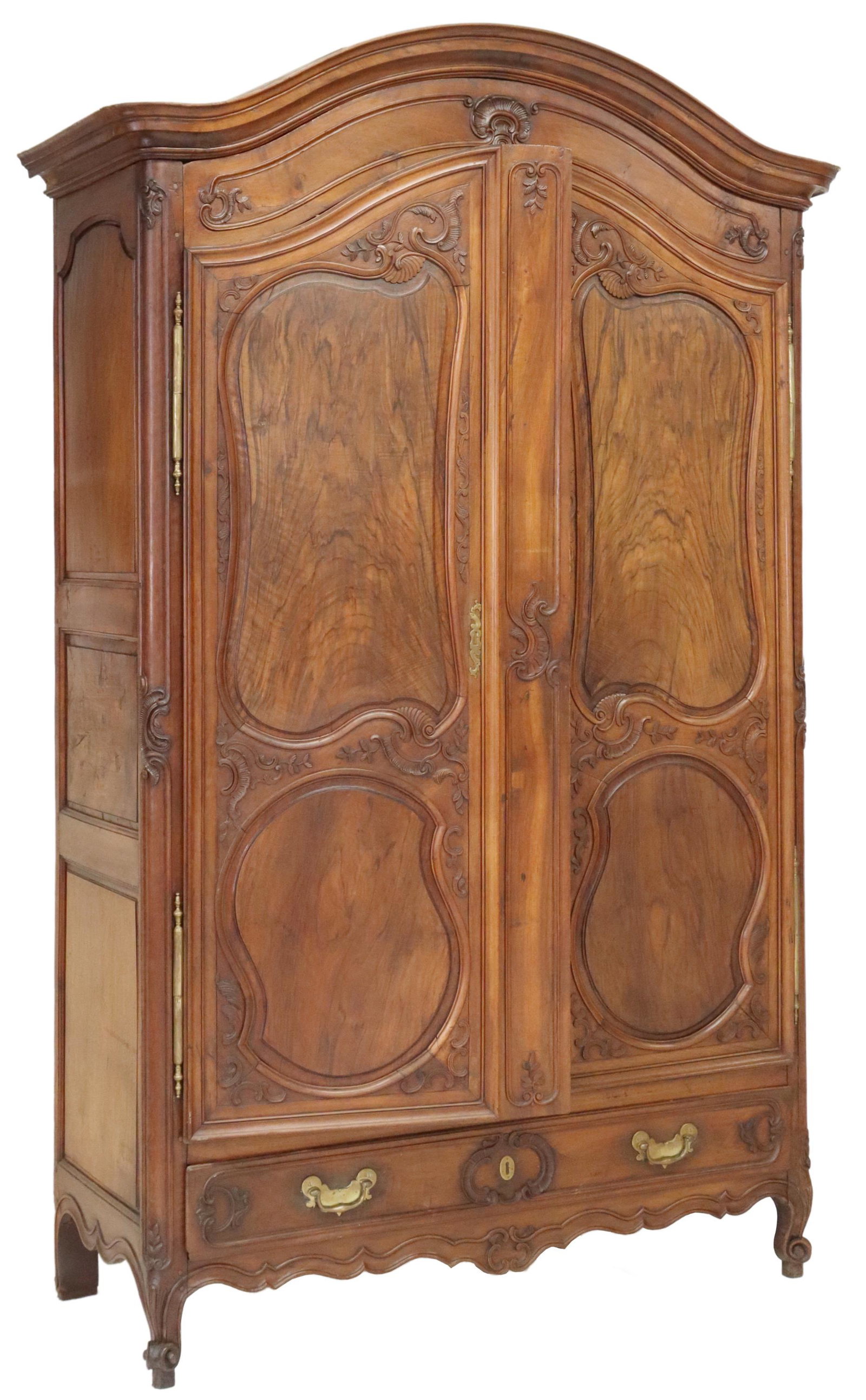 MONUMENTAL FRENCH LOUIS XV STYLE WALNUT ARMOIRE: French Louis XV style walnut armoire, 19th c., molded cornice, over scroll paneled doors on exterior hinges, interior hanging rod, lower exterior drawer, rising on cabriole legs, ending in whorl feet,