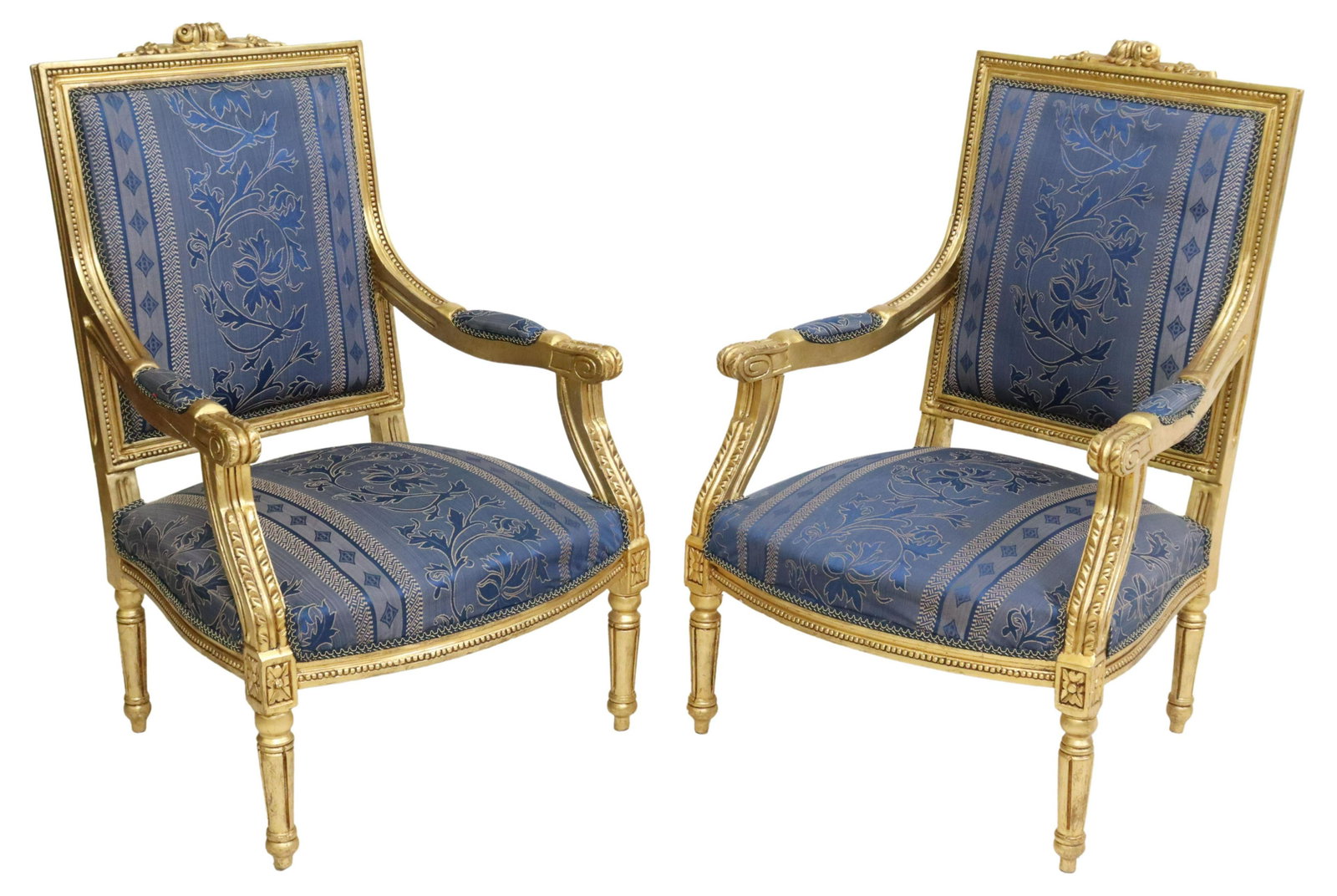 2) LOUIS XVI STYLE UPHOLSTERED FAUTEUIL A LA REINE: (pair) Louis XVI style salon armchairs, 20th c., gilt painted frame, carved floral crest, beaded molding, acanthus scroll handholds, upholstered back and seat, rising on tapered legs, (one) sitting sl