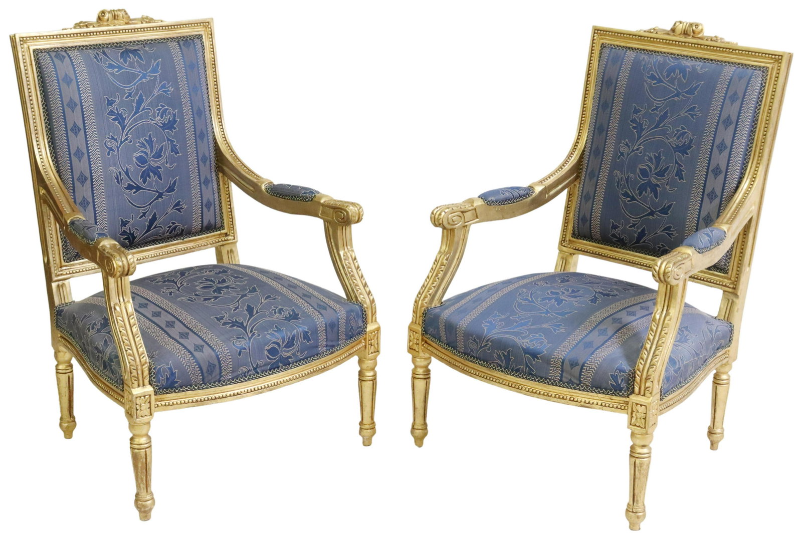 2) LOUIS XVI STYLE UPHOLSTERED FAUTEUIL A LA REINE: (pair) Louis XVI style salon armchairs, 20th c., gilt painted frame, carved floral crest, beaded molding, acanthus scroll handholds, upholstered back and seat, rising on tapered legs, approx 40.75"h, 