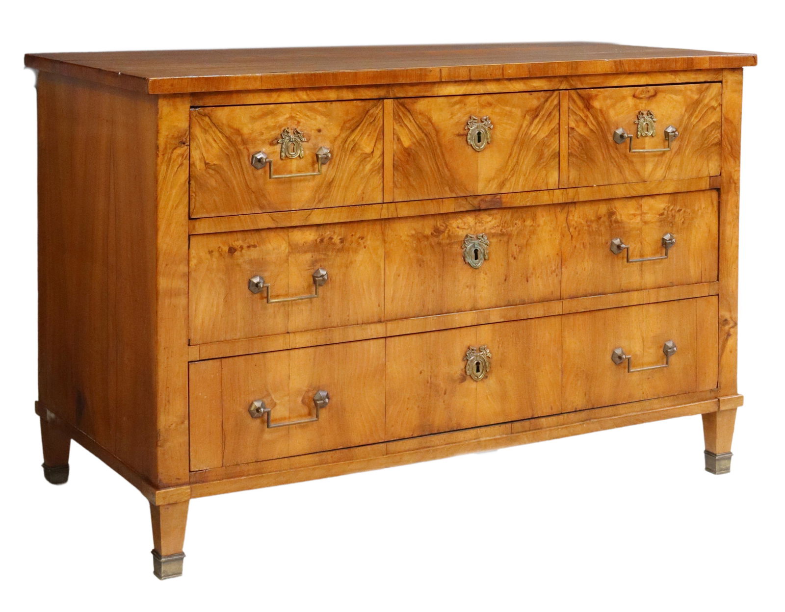 FRENCH NEOCLASSICAL STYLE THREE-DRAWER COMMODE: French Neoclassical style burlwood commode, 19th c., having rectangular top, over three drawers, rising on squared and tapered legs, ending in brass cap feet, later hardware, approx 33"h, 51"w, 25"d S