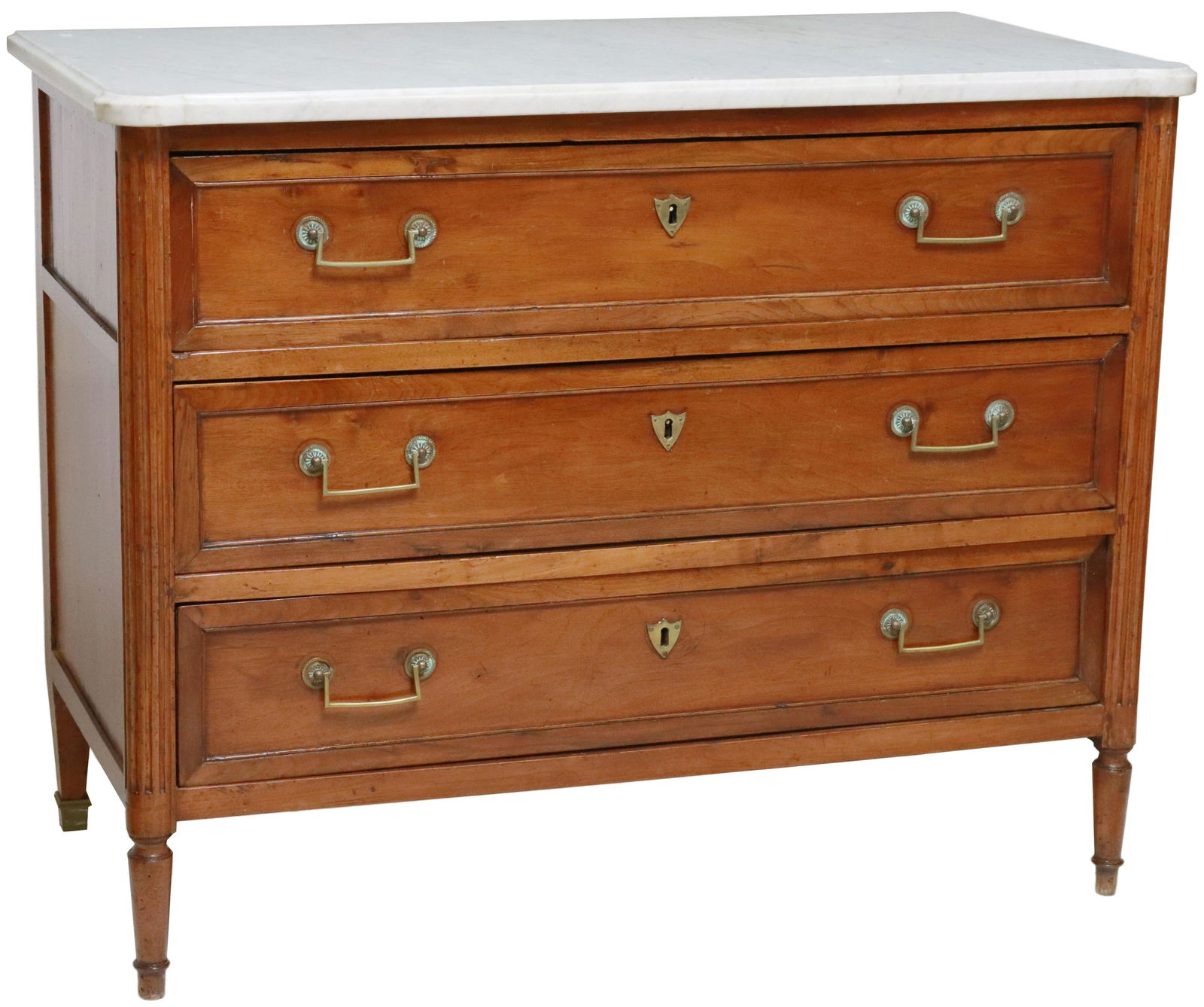 FRENCH LOUIS XVI STYLE MARBLE-TOP MAHOGANY COMMODE: French Louis XVI style mahogany commode, 19th c., having marble top, over three drawers, flanked by fluted supports, rising on tapered legs, ending on blunt arrow feet, marble top intact with small gl