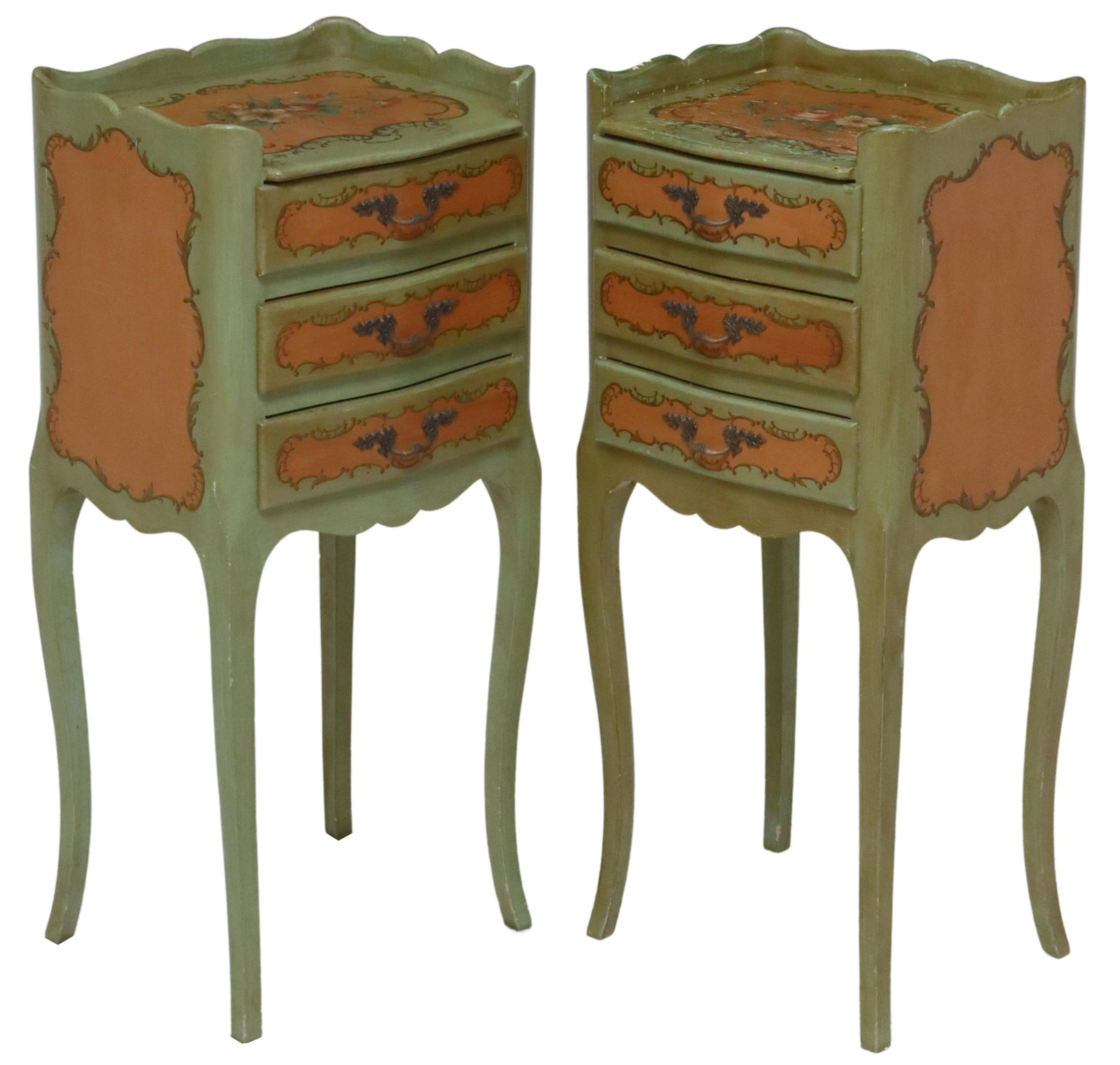 (2) FRENCH LOUIS XV STYLE PAINTED NIGHTSTANDS: (pair) French Louis XV style painted nightstands, 20th c., having shaped top with floral motifs, over three drawers, painted with scrolled foliate borders, rising on cabriole legs, approx 29"h, 12.5"w