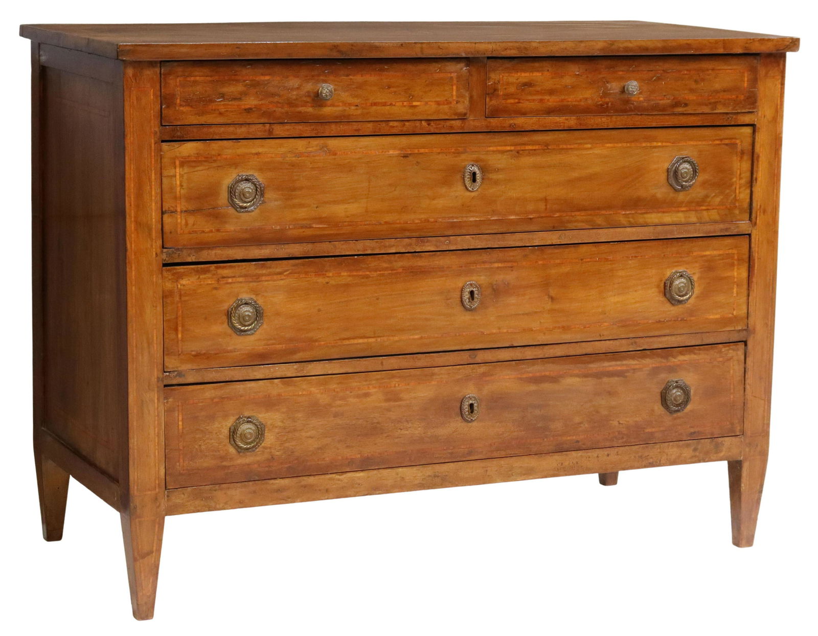 ITALIAN PARQUETRY WALNUT FIVE-DRAWER COMMODE: Italian walnut commode, 19th c., having rectangular top with inlaid star motif, over five drawers with parquetry banding, rising on tapered legs, approx 37"h, 49.5"w, 22.5"d Start Price: $600.00