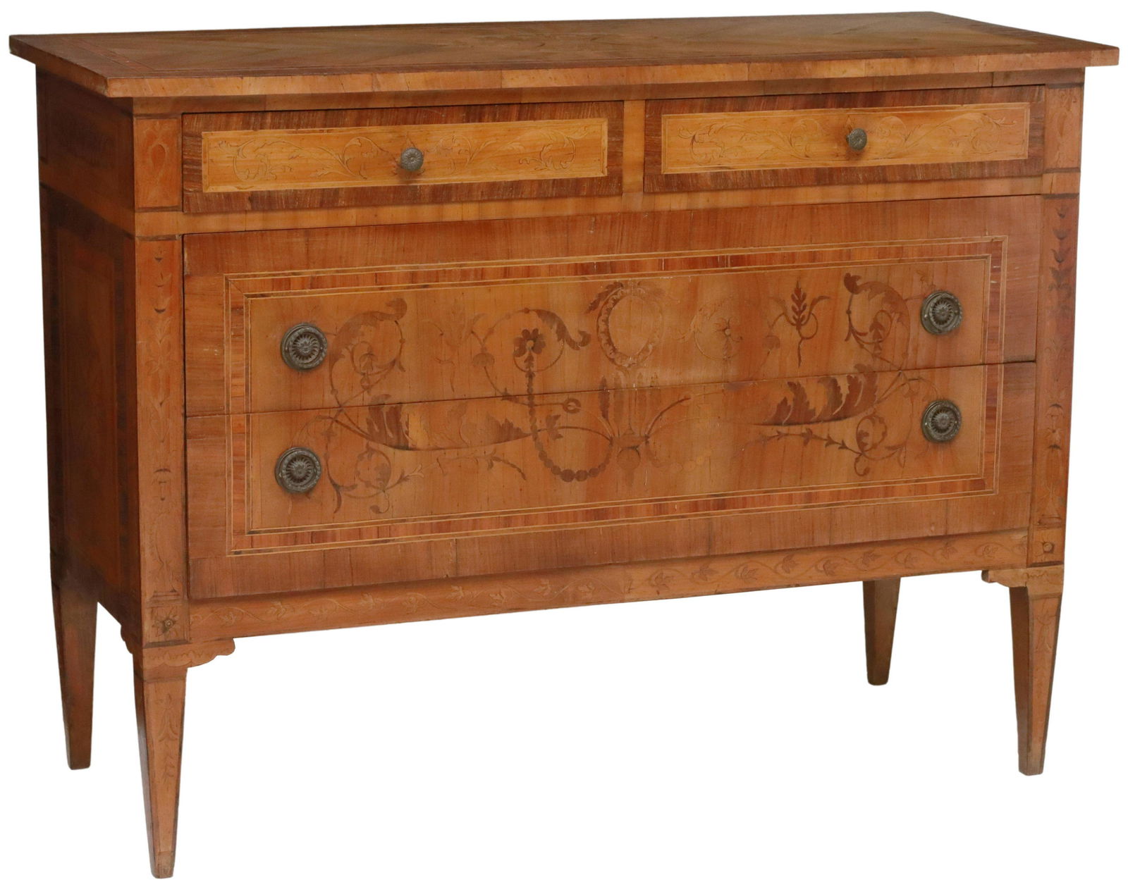 ITALIAN MAGGIOLINI STYLE MARQUETRY COMMODE: Italian Neoclassical style commode, in the manner of Giuseppe Maggiolini (Italian, 1738-1814), 20th c., banded top, over four drawers with foliate scroll marquetry, rising on square tapering legs, app