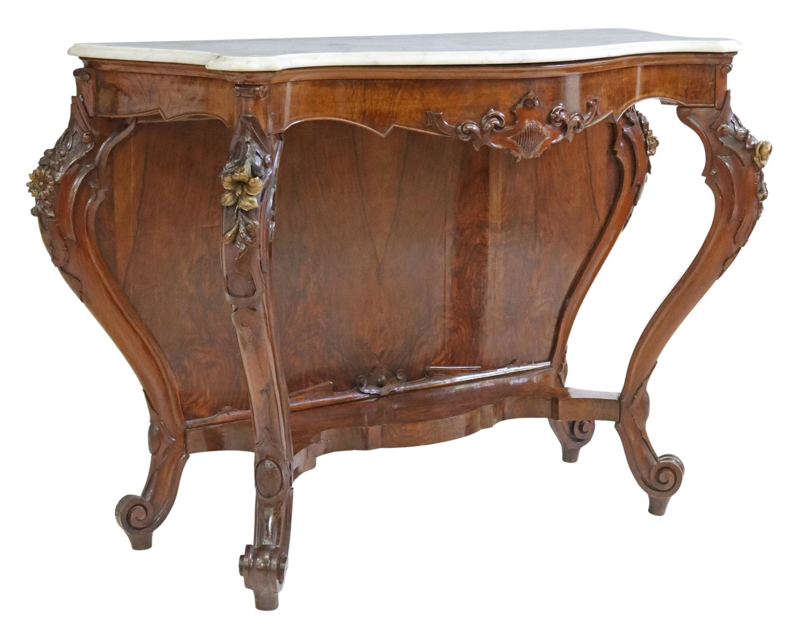 LOUIS XV STYLE MARBLE-TOP WALNUT CONSOLE TABLE: Italian Louis XV style burled walnut console table, late 19th/ early 20th c., having shaped marble top, over scrolling foliate apron, rising on floral cabriole legs, joined with stretcher, ending on w