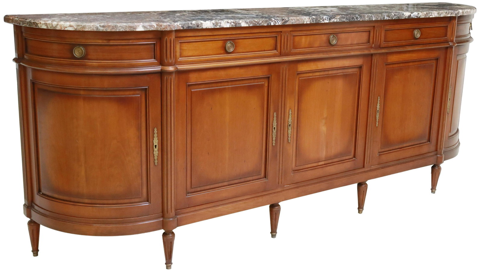 LARGE FRENCH LOUIS XVI STYLE MARBLE-TOP SIDEBOARD: French Louis XVI style marble-top sideboard, 20th c., case fitted with five drawers, over five cabinet doors, opening to shelved interior, rising on fluted tapered legs, approx 41.75"h, 107"w, 19.75"d