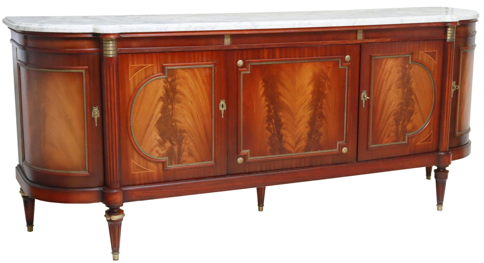 LOUIS XVI STYLE MARBLE-TOP MAHOGANY SIDEBOARD: French Louis XVI style marble-top flame mahogany sideboard, Jean-Pierre Ehalt, late 20th c., gilt metal mounts, five cabinet doors, including a bowfront door at each end, opening to shelved corner cab