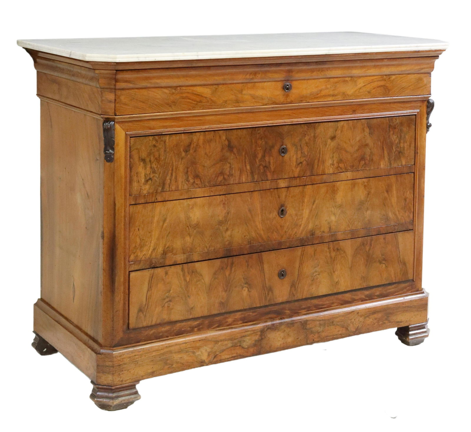 FRENCH LOUIS PHILIPPE MARBLE-TOP BURLWOOD COMMODE: French Louis Philippe period burled walnut commode, mid 19th c., having shaped marble top, frieze drawer, over three additional drawers, rising on bracket feet, chip to right corner of marble top, app