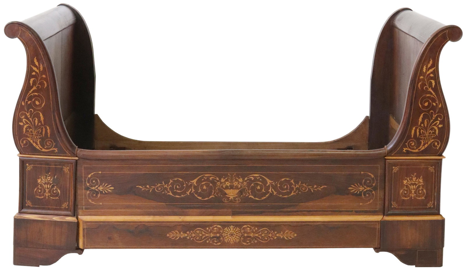 FRENCH RESTAURATION PERIOD ROSEWOOD ALCOVE BED: French Restauration period rosewood alcove bed/ "lit bateau," early 19th c., scrolled top rails, ornamented with delicate scrolling foliate marquetry, rising on bracket feet, ending on casters, exteri