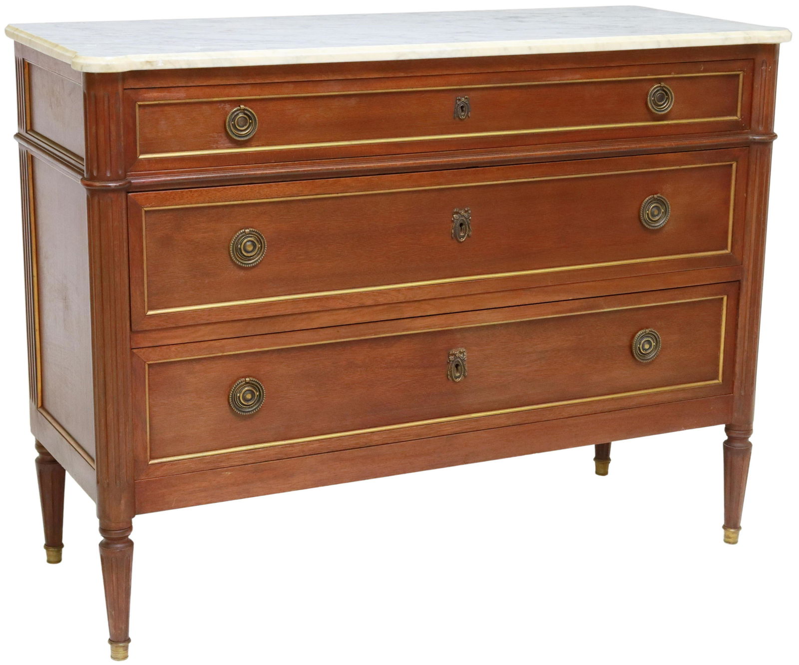 FRENCH LOUIS XVI STYLE MARBLE-TOP MAHOGANY COMMODE: French Louis XVI style marble-top mahogany commode, 20th c., case fitted with three drawers, framed by fluted corner posts, rising on tapered legs, approx 33.5"h, 44.5"w, 17.5"d Start Price: $400.00
