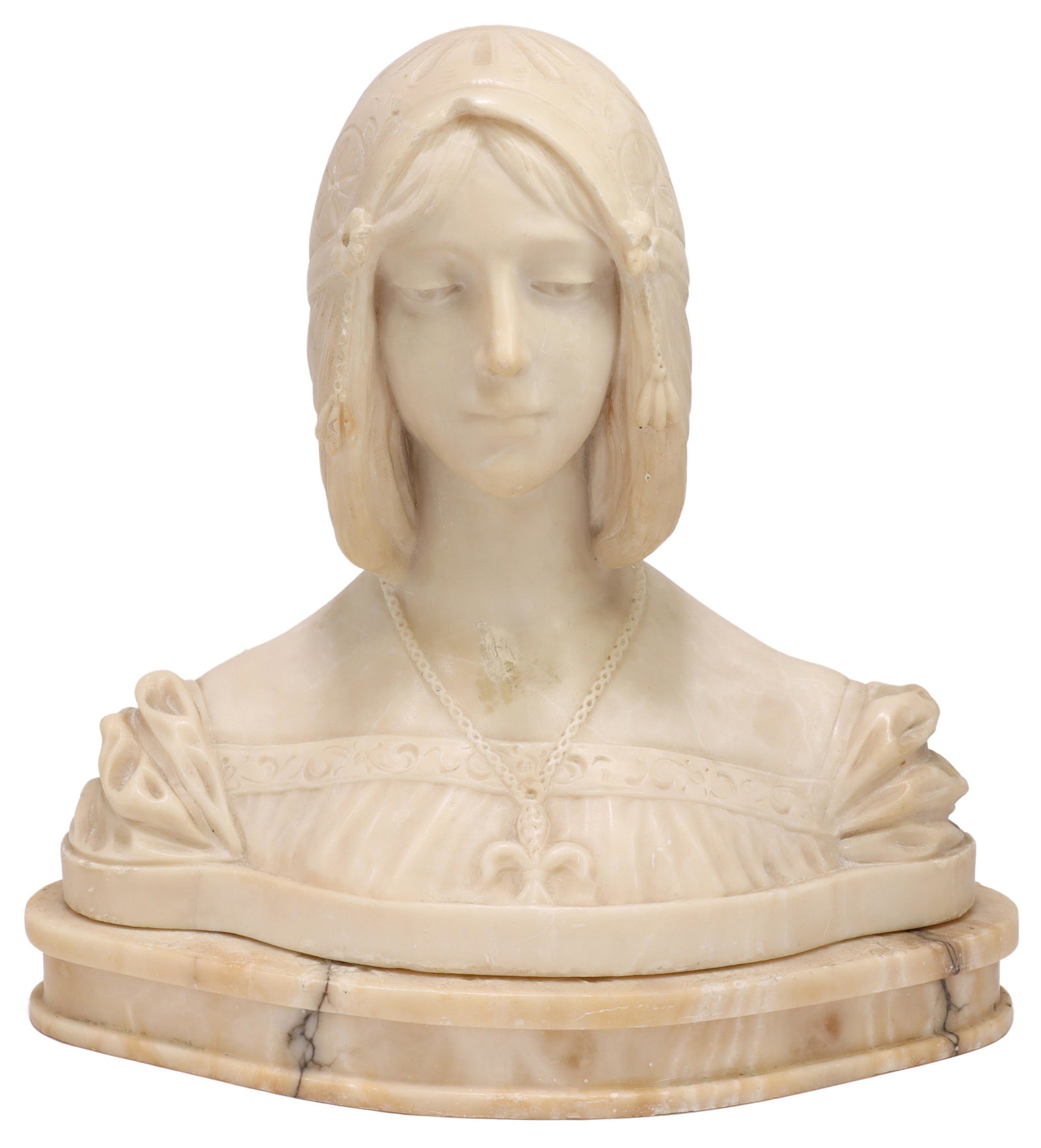 ITALIAN CARVED ALABASTER BUST OF A YOUNG WOMAN: Italian carved alabaster sculpture, Bust of a Young Woman, in Renaissance style dress, wearing a fleur-de-lis pendant, on conforming base, typical small losses and abrasions to stone surface, overall: