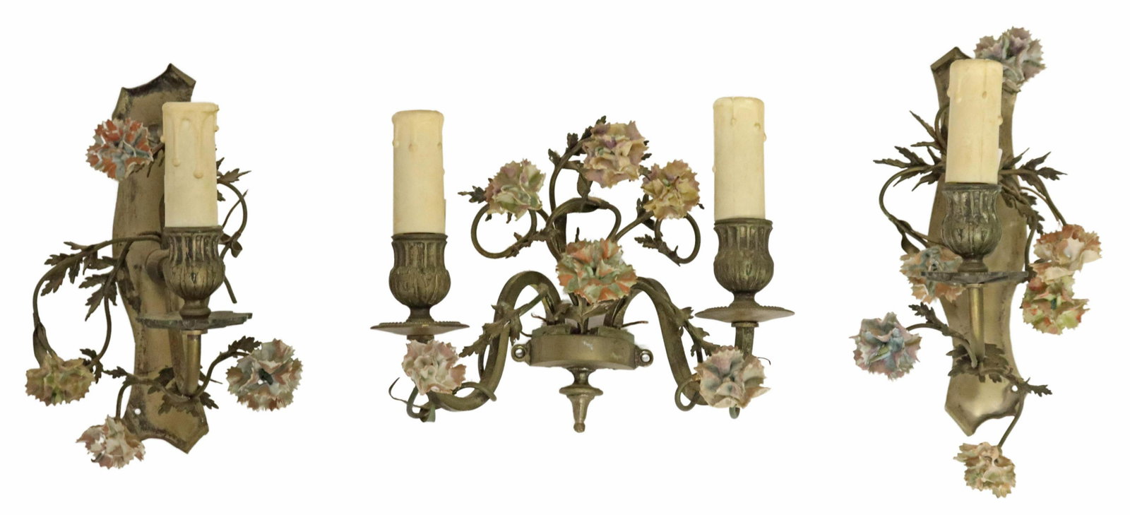 (3) FRENCH GILT METAL & PORCELAIN WALL SCONCES: (lot of 3) French gilt metal wall sconces, 20th c., all adorned with polychrome porcelain flowers, and gilt metal leaves, scrolled arms issuing floral bobeches, terminating in urn-form candle cups, in