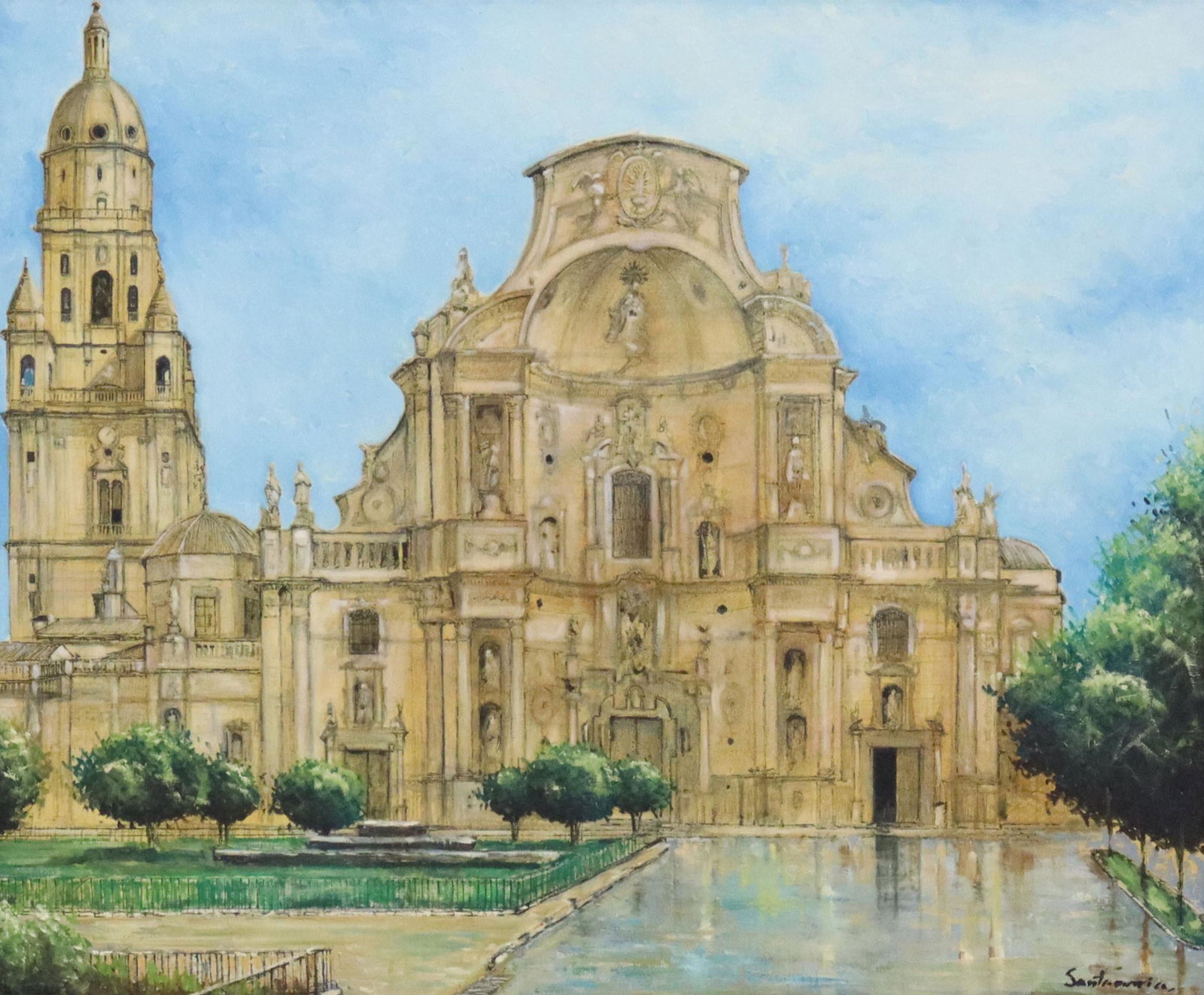 SIGNED SANTA MARIA PAINTING CATHEDRAL OF MURCIA: Framed oil on canvas painting, Catedral de Murcia (Cathedral of Murcia), signed lower right Santa Maria (?), stamp verso for Cobalto Art Center, sight: approx 17.5"h, 21.25"w, overall: 29"h, 32.75"w, 