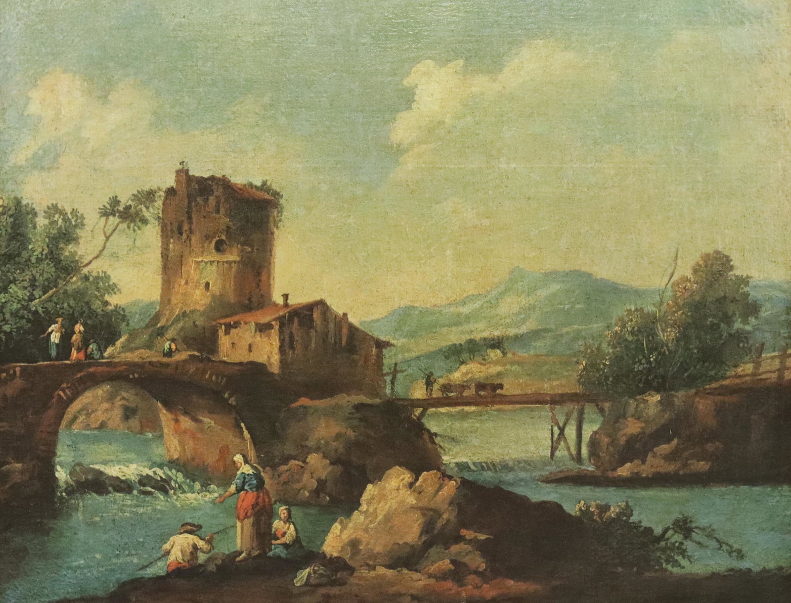 AFTER GIUSEPPE ZAIS PRINT ON CANVAS LANDSCAPE: Framed print on stretched canvas, Landscape with Bridge, after Giuseppe Zais (Italian, 1709-1784), sight: approx 28.25"h, 36.5"w, overall: 36.75"h, 45"w, 17.5lbs Start Price: $100.00
