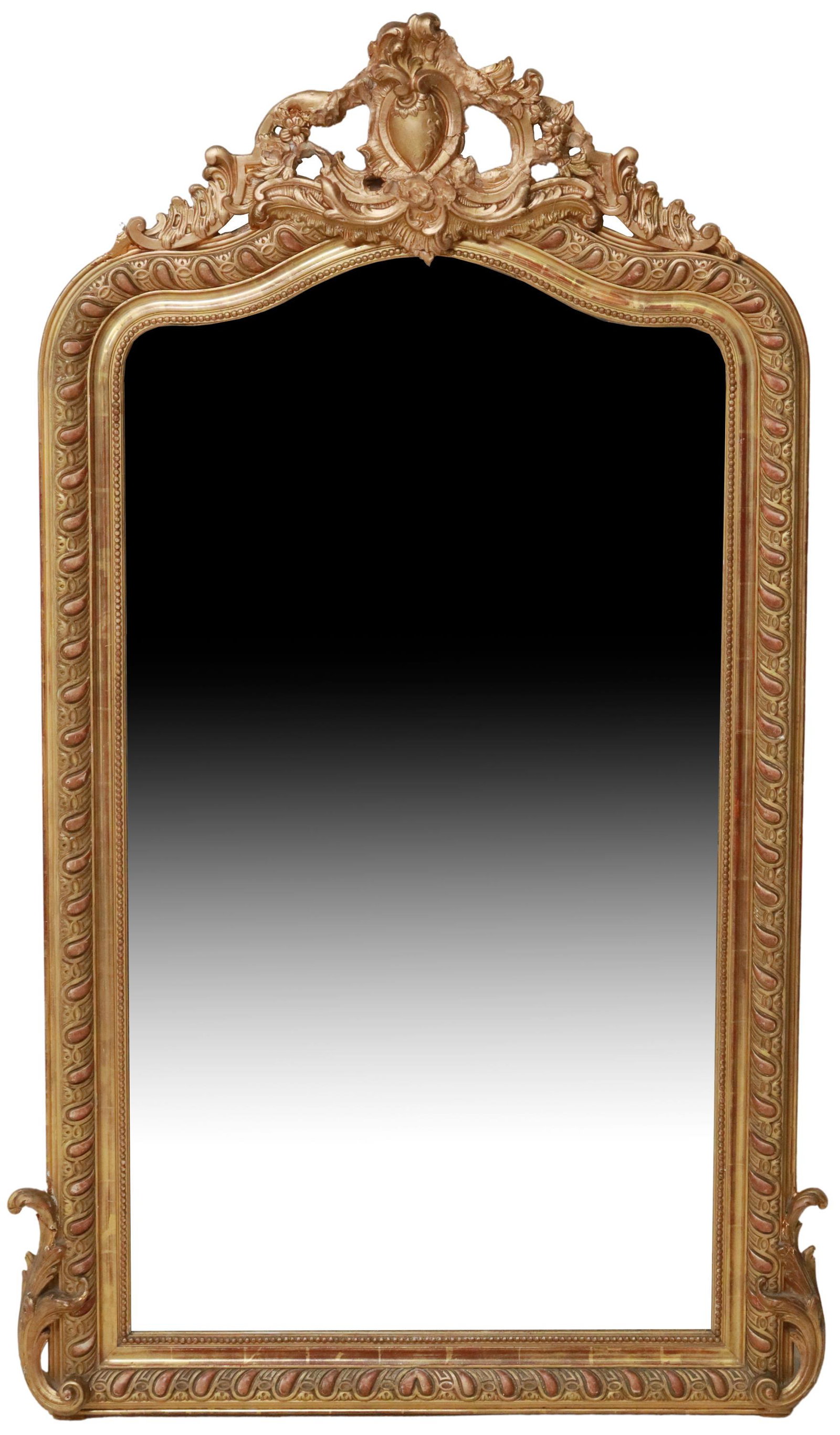 FRENCH LOUIS XV STYLE GILTWOOD MIRROR: French Louis XV style gilt painted and gesso mirror, 19th c., having shield and foliate crest, above shaped frame with beaded trim, encasing beveled mirror plate, restoration and loss to crest, approx