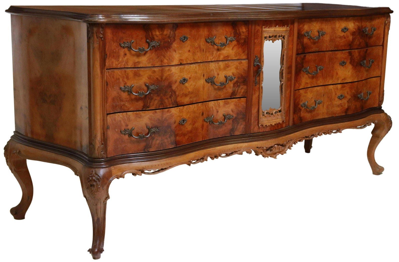 ITALIAN VENETIAN PATCHWORK BURLWOOD SIDEBOARD: Italian Venetian burlwood sideboard, mid 20th c., serpentine-front case, fitted with six drawers, center cabinet door with framed mirror plate, rising on cabriole legs, ending in whorl feet, approx 36