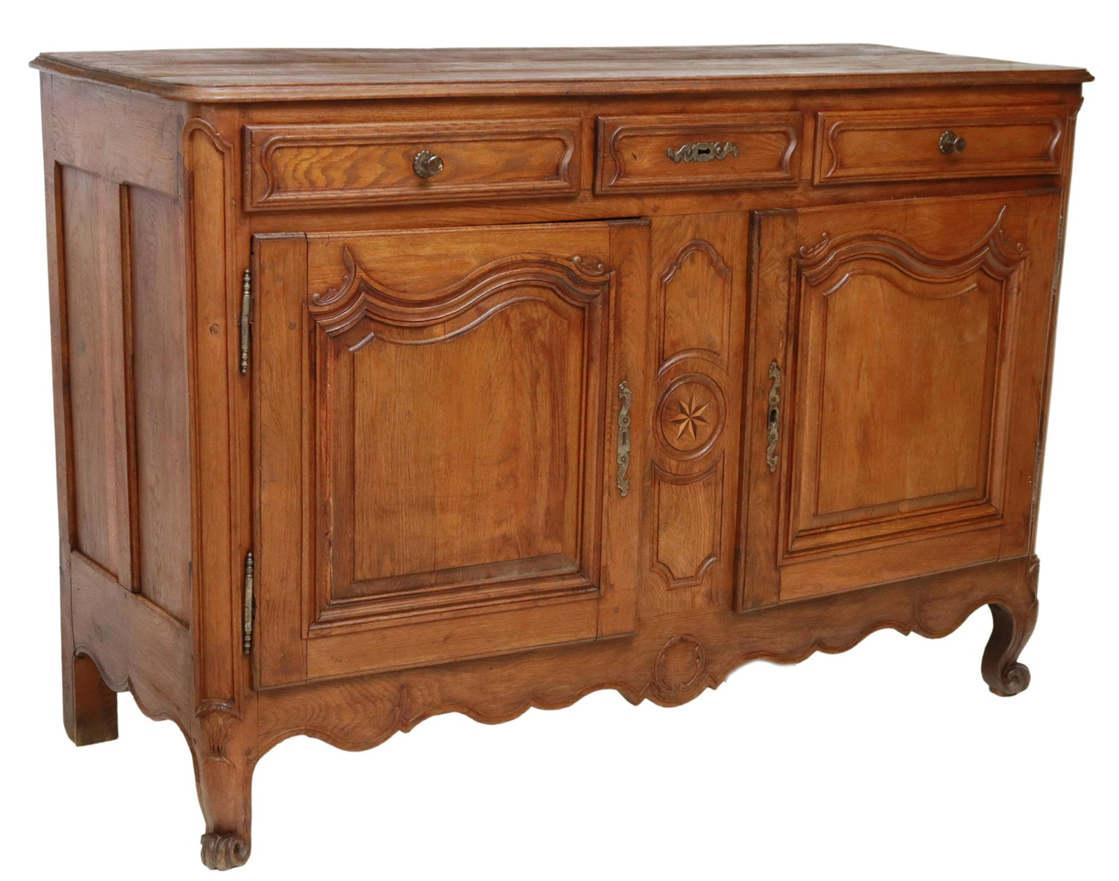 FRENCH LOUIS XV PERIOD OAK SIDEBOARD, 18TH C.: French Louis XV period oak sideboard, 18th c., fitted with three drawers, over two paneled cabinet doors, opening to shelved interior, parquetry star accent, rising on cabriole legs, ending on whorl f