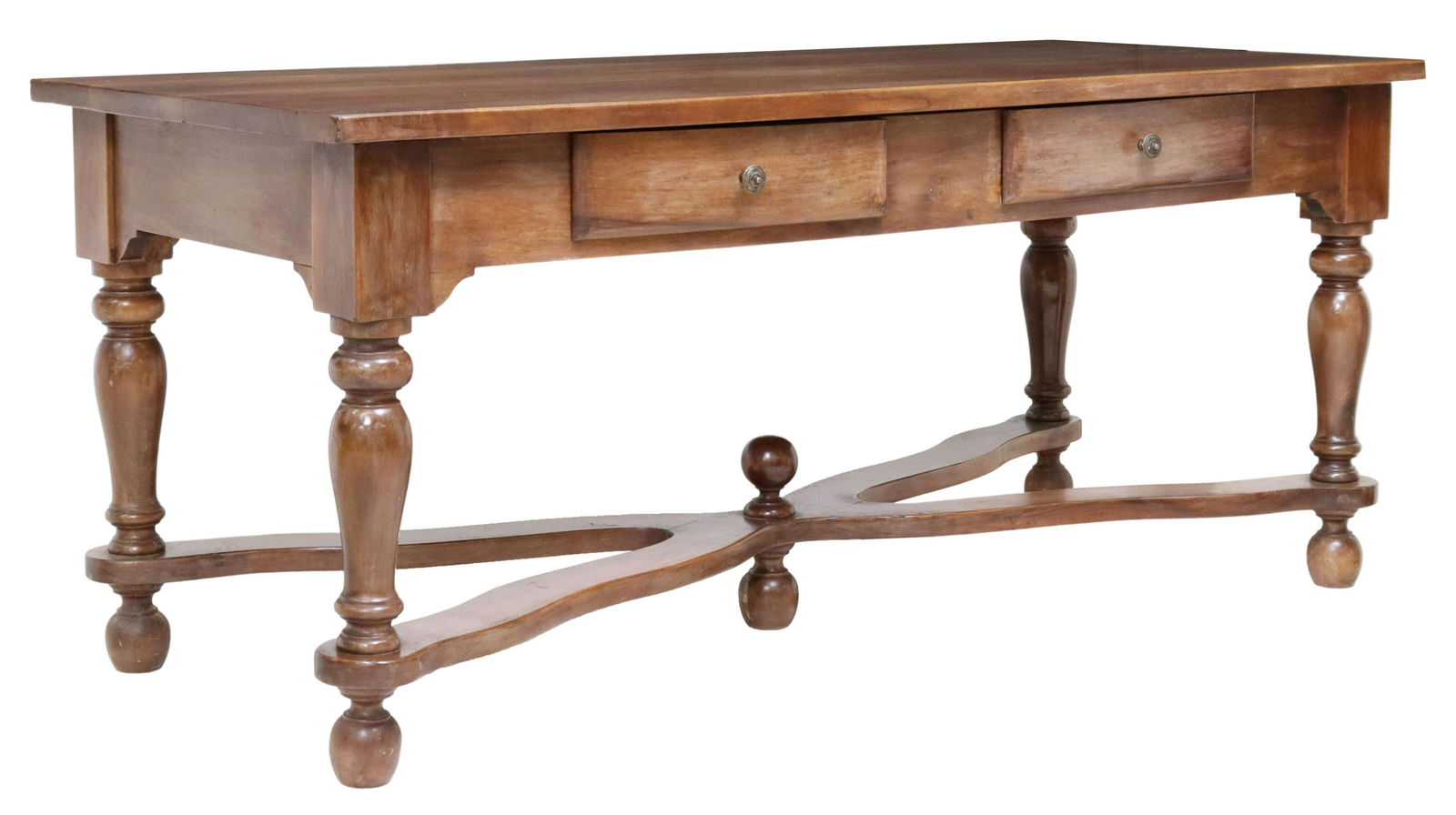 FRENCH PROVINCIAL WALNUT FARMHOUSE TABLE: French Provincial walnut farmhouse table, early 20th c., rectangular top, over two frieze drawers, rising on turned legs, joined by x-form cross stretcher, approx 30.75"h, 71"l, 31"w, floor to apron: