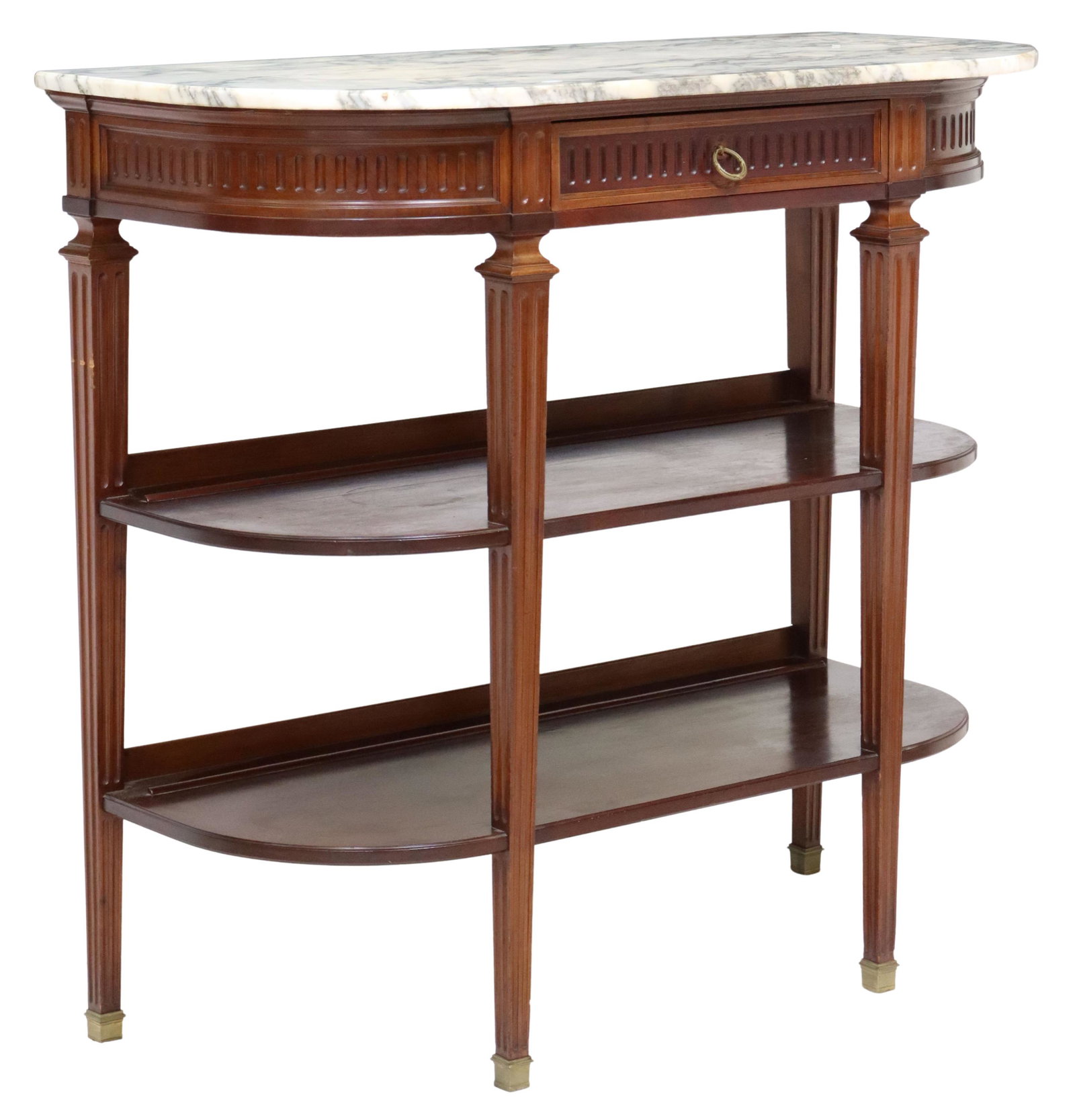 FRENCH LOUIS XVI STYLE MARBLE-TOP MAHOGANY SERVER: French Louis XVI style mahogany server/ console table, 20th c., having marble top, over single central drawer, two open medial shelves, rising on fluted and tapered supports, ending on capped feet, ap