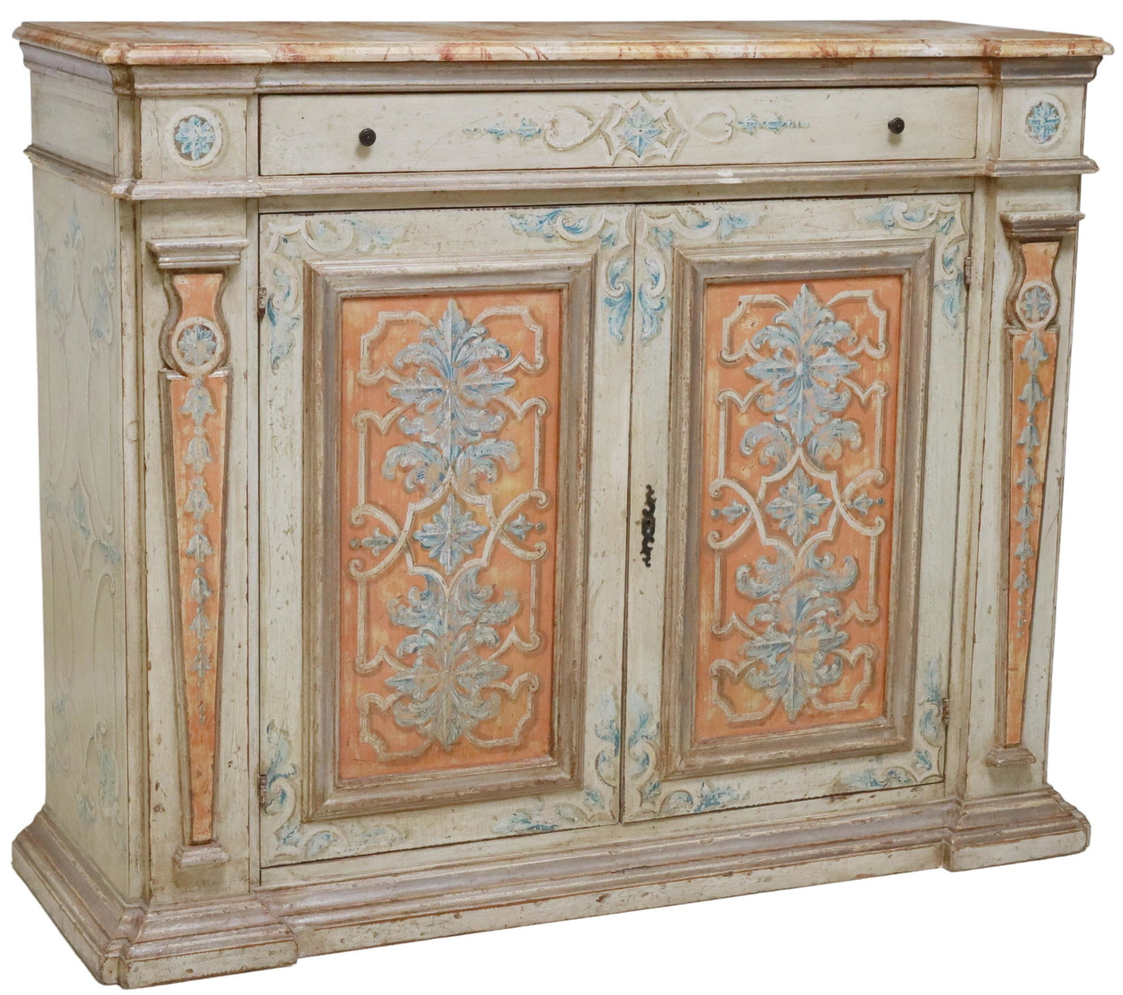 ITALIAN VENETIAN PAINT-DECORATED SIDEBOARD: Italian Venetian paint decorated sideboard, 20th c., having marbleized top, over single drawer, double-door cabinet, opening to shelved interior, rising on stepped plinth base, approx 41.25"h, 52.5"w,