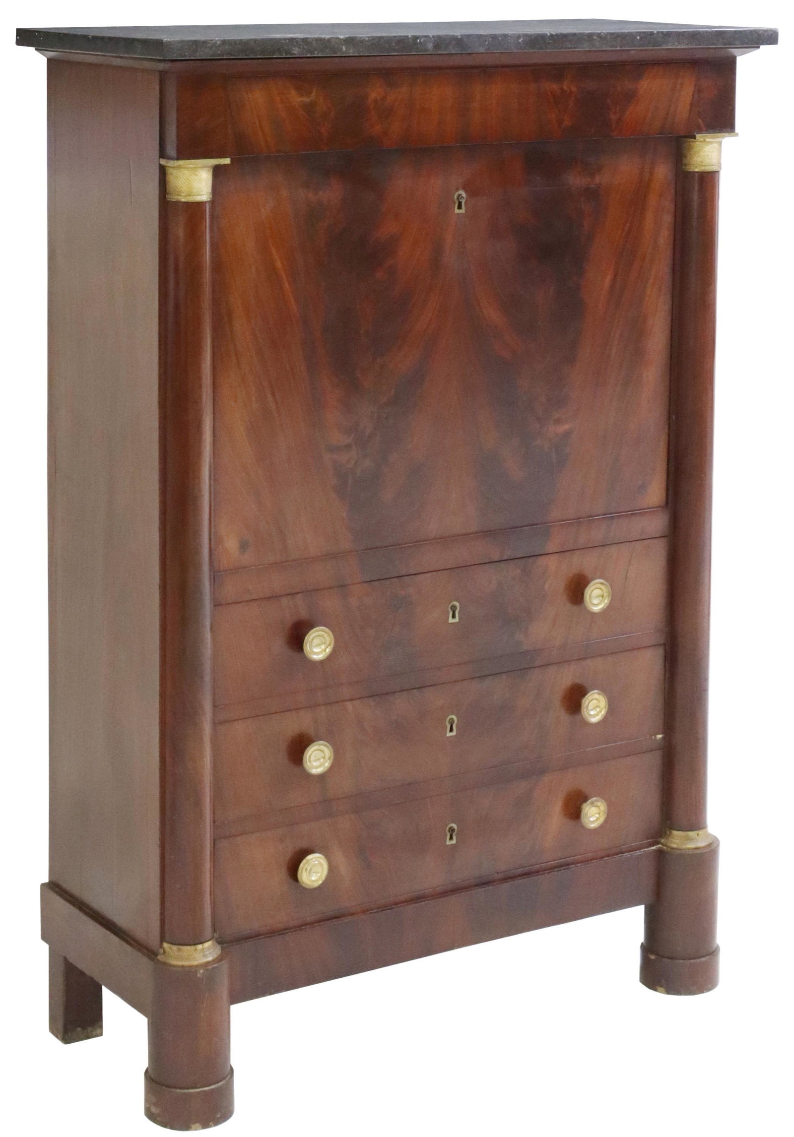 FRENCH EMPIRE STYLE MAHOGANY SECRETAIRE A ABATTANT: French Empire style flame mahogany fall-front desk, late 19th c., having marble top, frieze drawer, over fall-front panel, opening to gilt-embossed leather writing surface, interior gallery, above thr