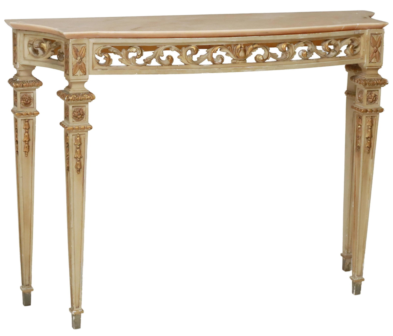 ITALIAN LOUIS XVI STYLE MARBLE-TOP CONSOLE TABLE: Italian Louis XVI style painted wood console table, early 20th c., having shaped marble top, over pierced apron with scrolled foliate motifs, parcel gilt accents, rising on squared and tapered support