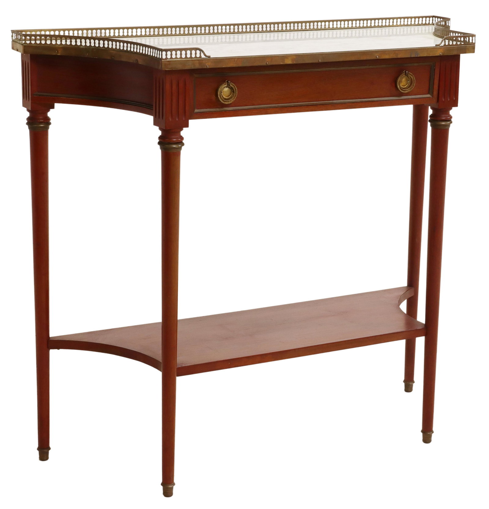 FRENCH LOUIS XVI STYLE MARBLE-TOP CONSOLE TABLE: French Louis XVI style mahogany console table, 20th c., pierced metal three-quarter gallery, enclosing the marble top, over single frieze drawer, medial tier, rising on tapered legs, approx 34.75"h, 3