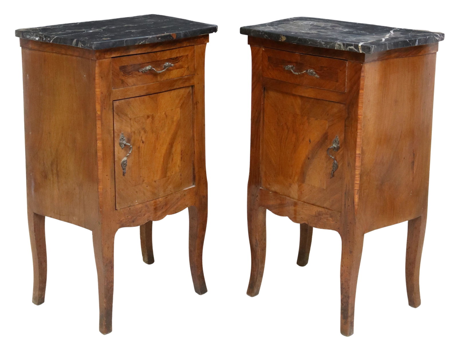 (2) ITALIAN MARBLE-TOP WALNUT BEDSIDE CABINETS: (pair) Italian walnut bedside cabinets, early 20th c., having marble top, case fitted with a single drawer, over cabinet door, rising on curved legs, approx 32.25"h, 19.5"w, 14"d Start Price: $150.00
