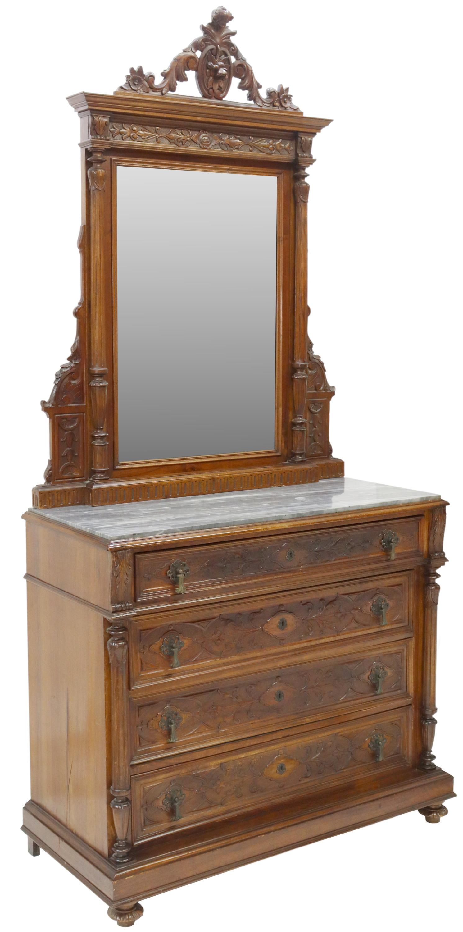 ITALIAN MARBLE-TOP COMMODE & BEVELED MIRROR: Italian dressing commode and mirror, late 19th c., carved crest, beveled mirror plate, above the inset marble top, lower case fitted with four drawers with carved fronts, rising on bun feet, separatio